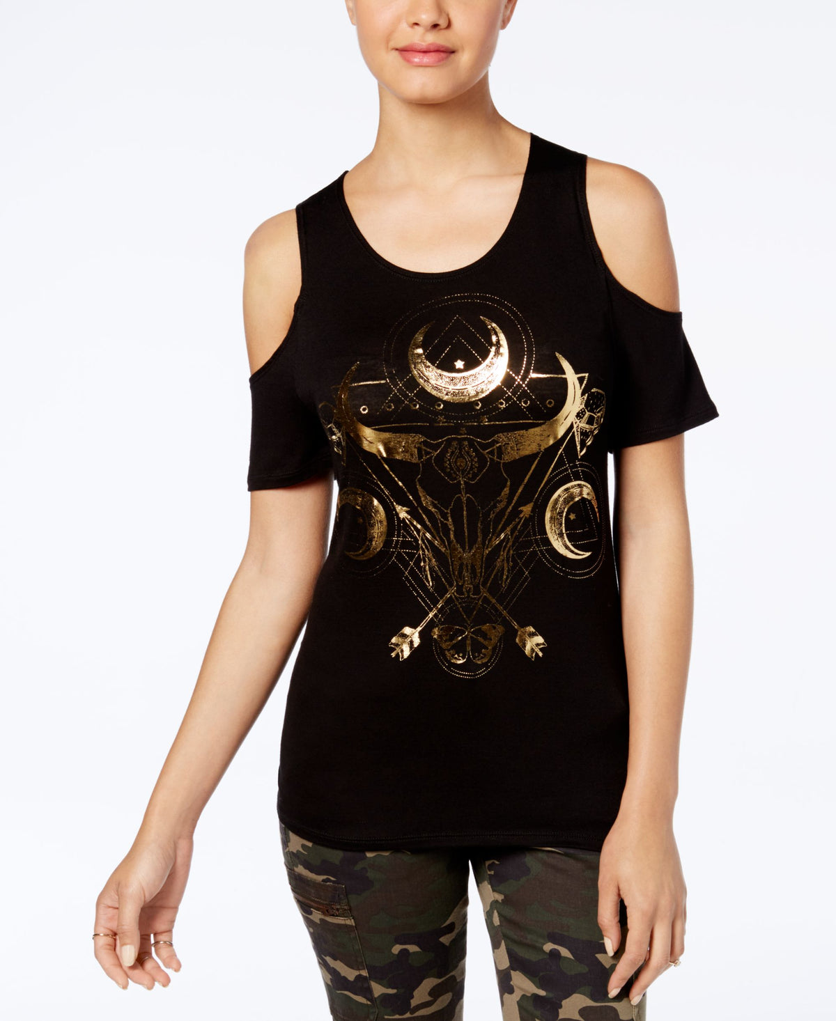 Juniors' Moon Graphic Cold-Shoulder T-Shirt