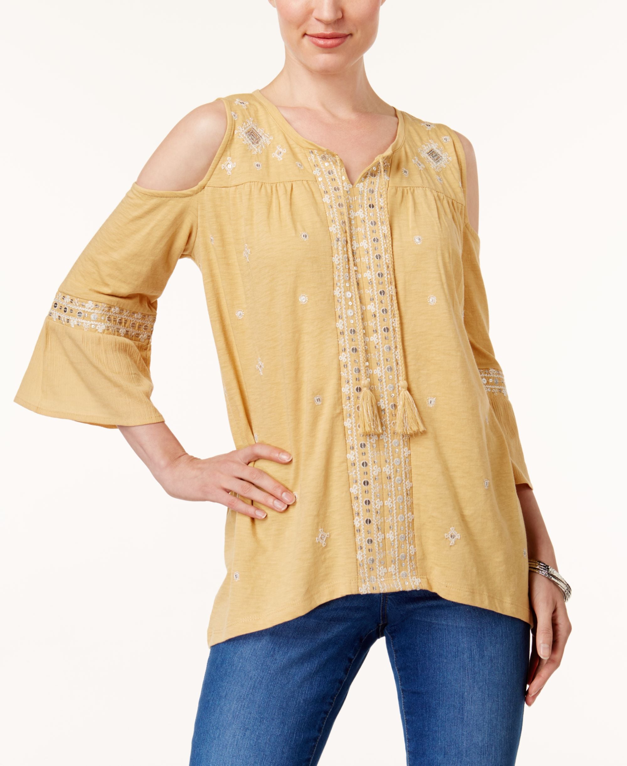 Style & Co Embroidered Cold Shoulder Top