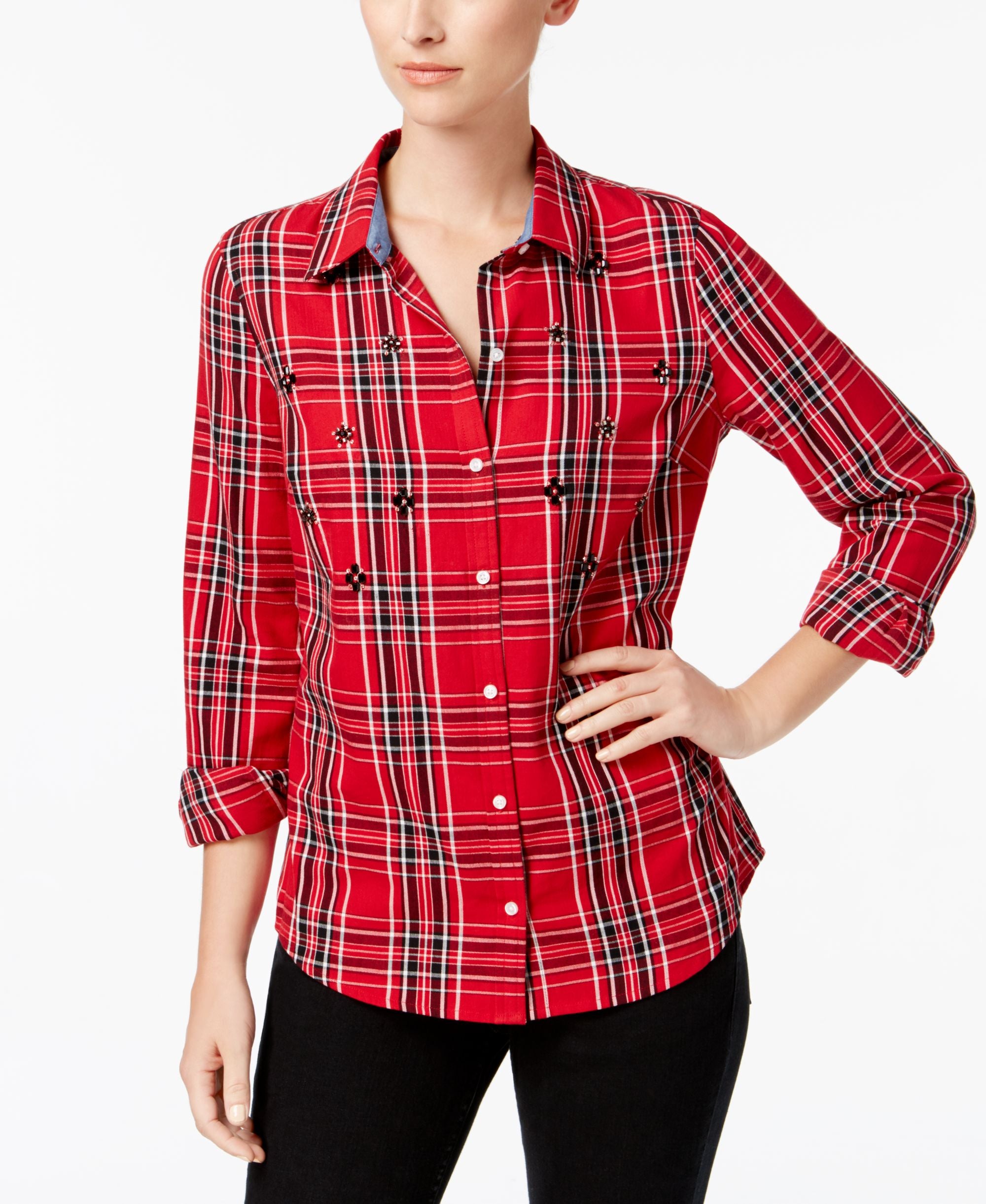 Charter Club Cotton Beaded Plaid Shirt