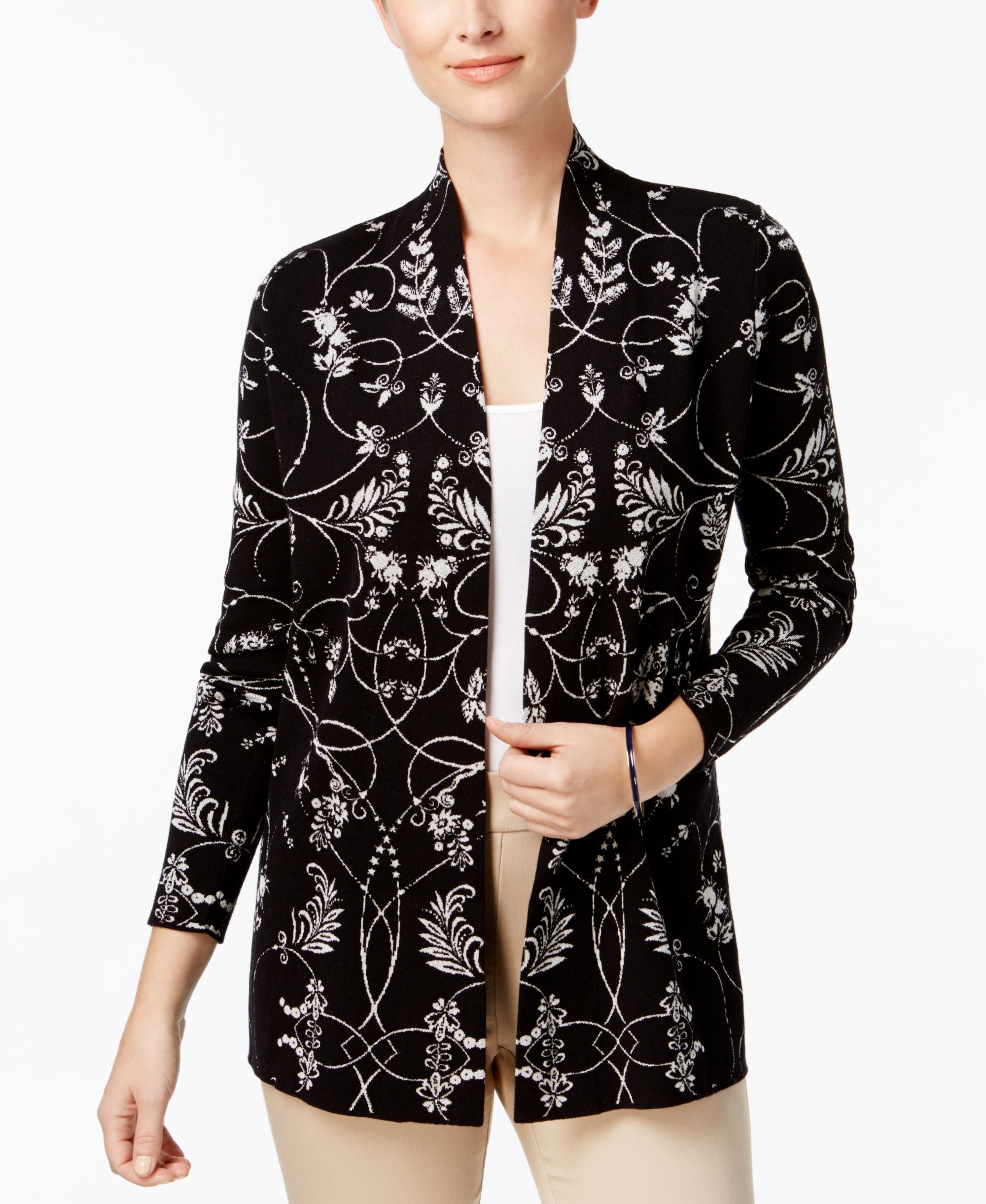 Charter Club Floral Jacquard Open Front Cardigan