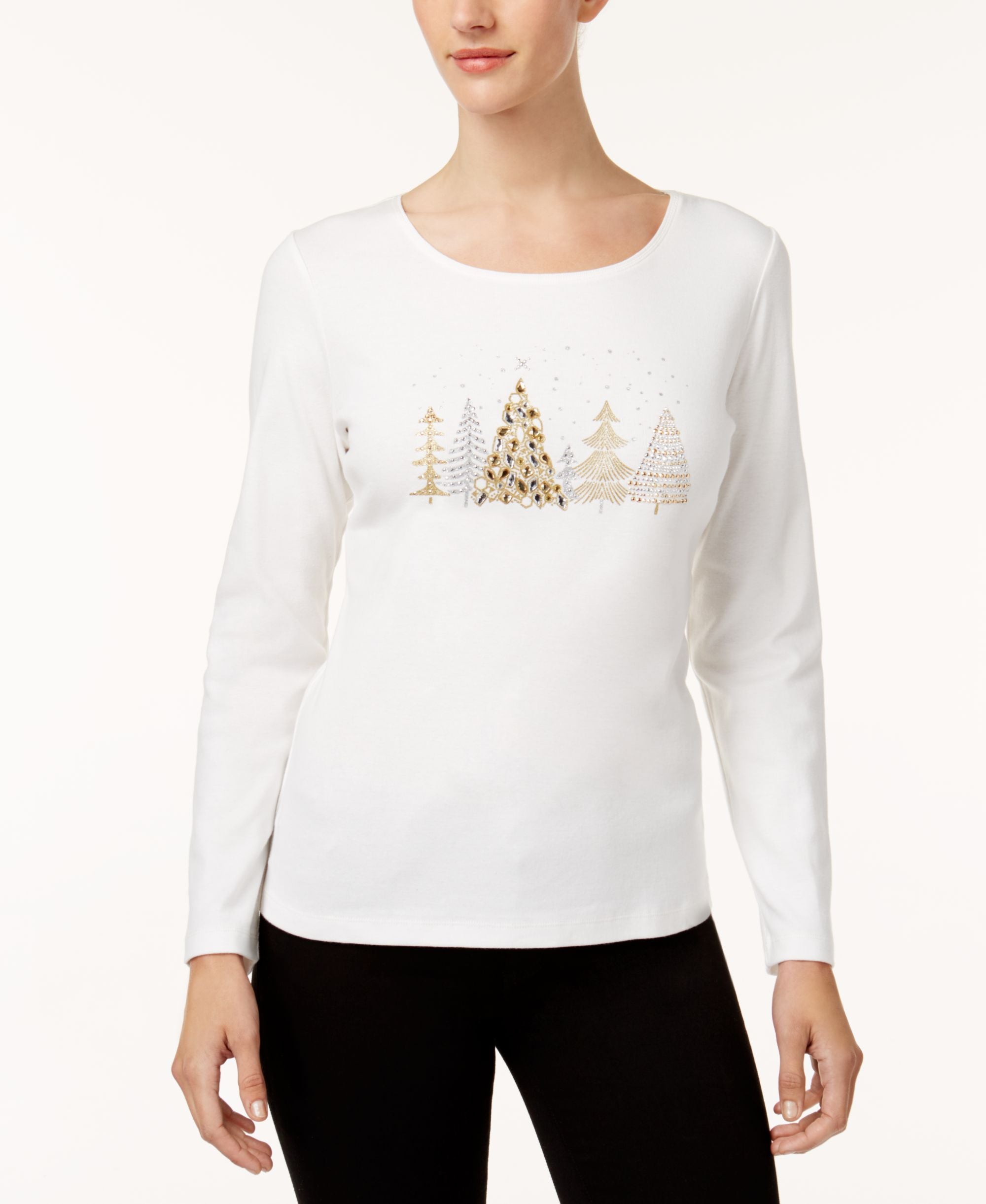 Karen Scott Cotton Embellished Tree T-Shirt