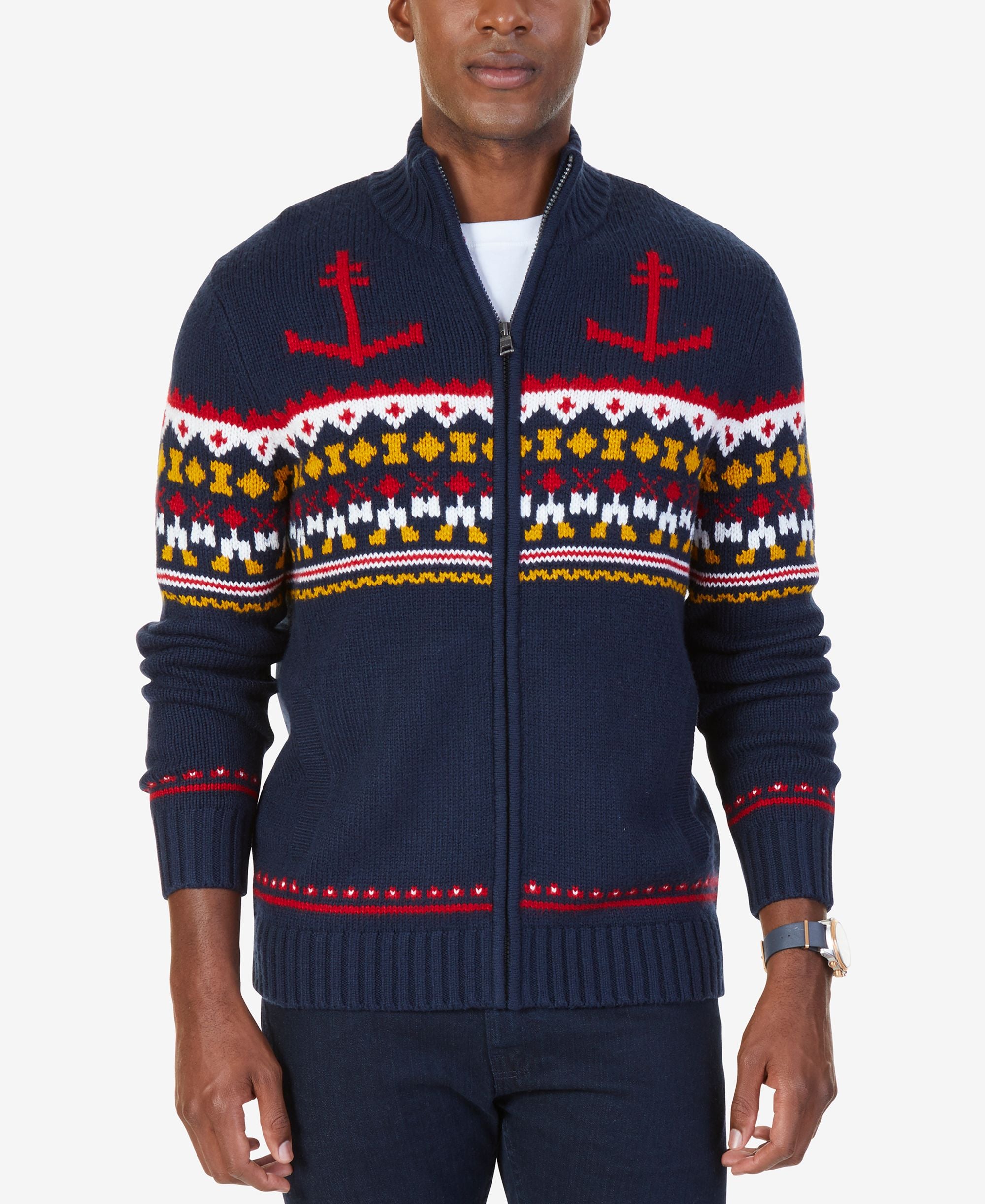 Nautica Mens Anchor Fair Isle Zip Front Sweater