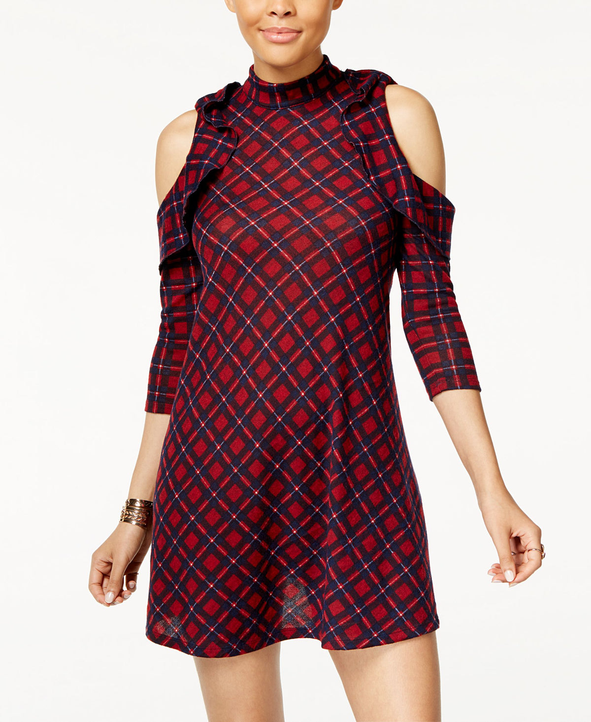 Heart and Soul Juniors' Plaid Cold-Shoulder Dress