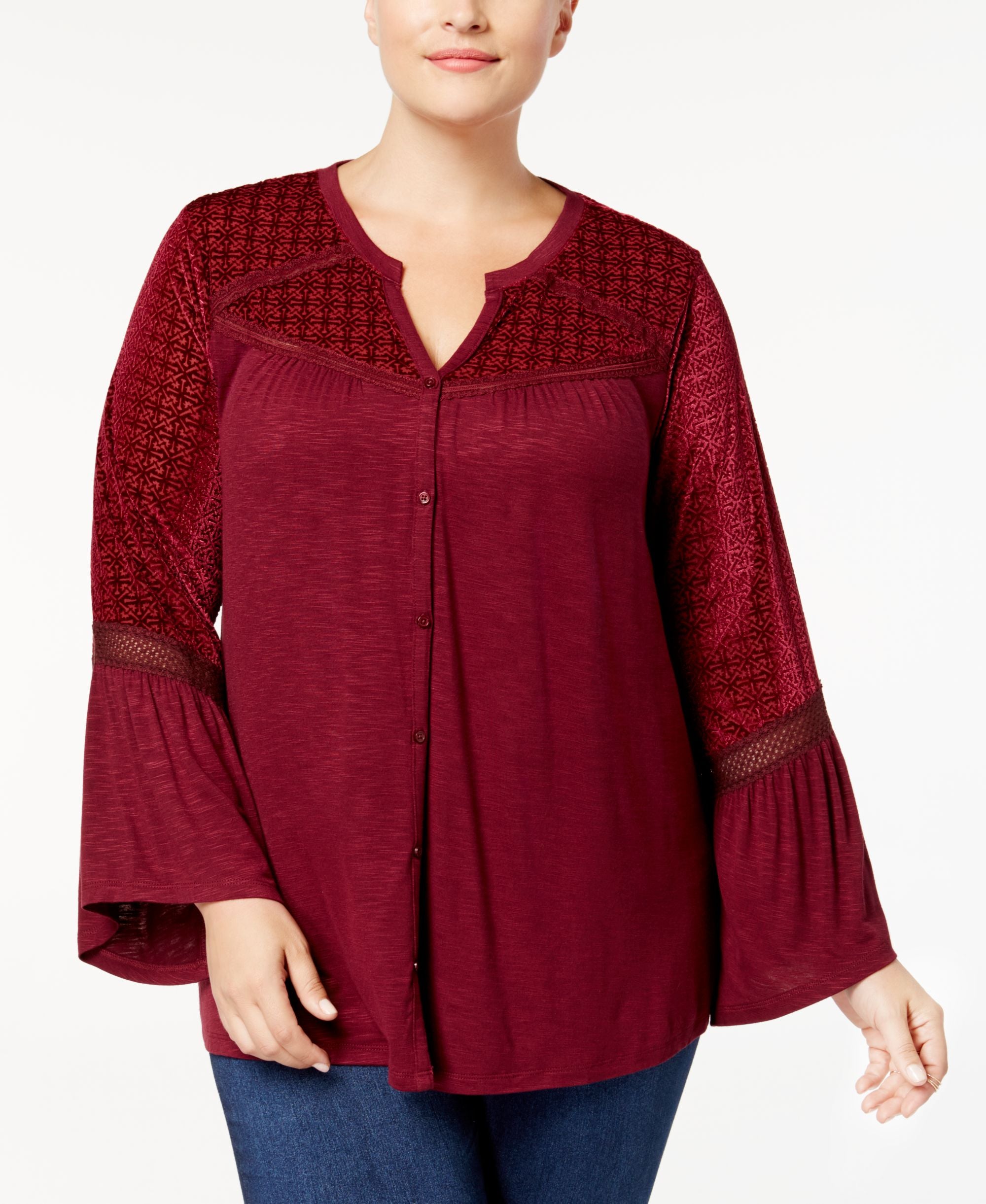 Style & Co Plus Size Velvet Yoke Lantern Sleeve Top