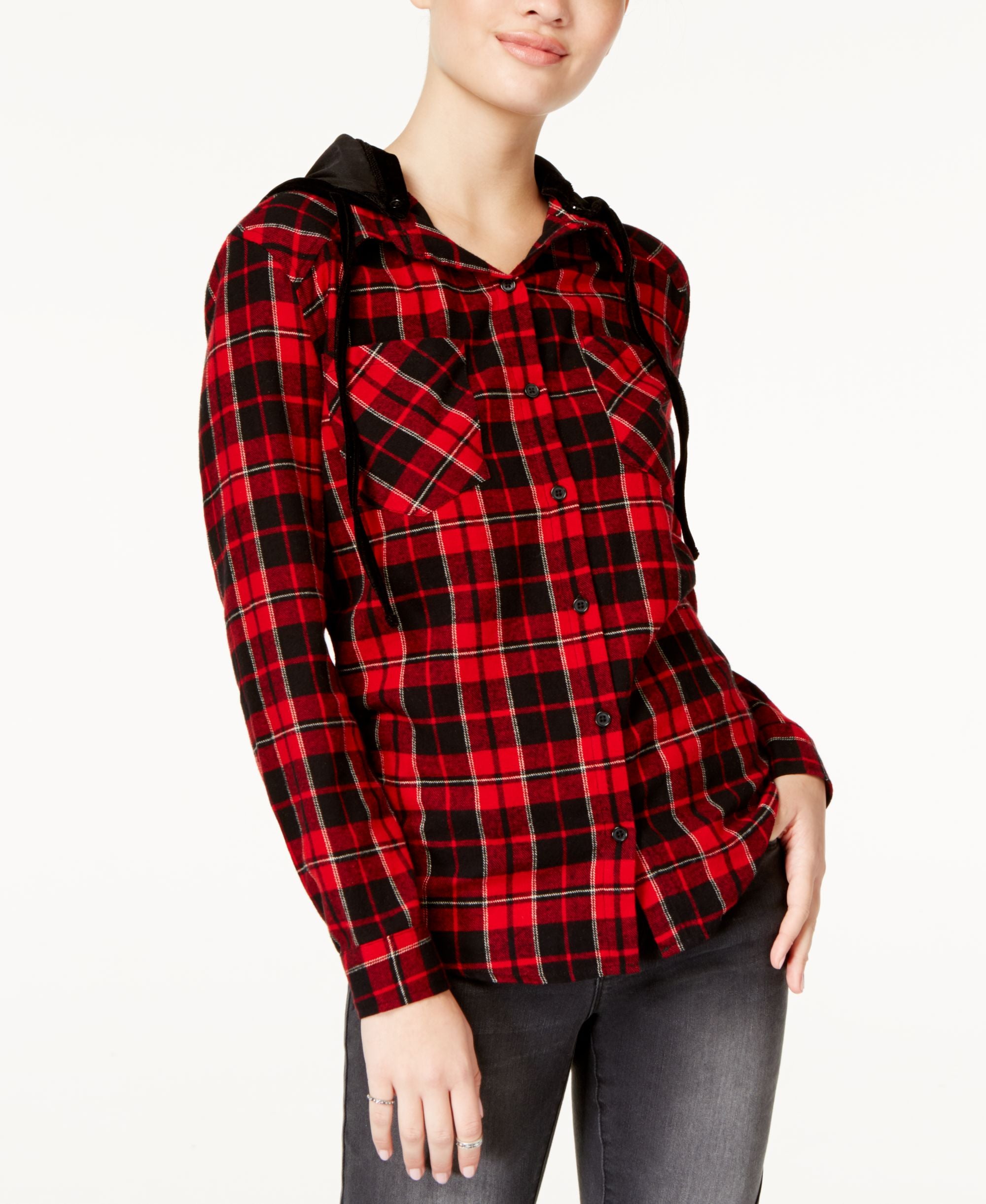 7 Sisters Juniors Velvet Hood Plaid Shirt