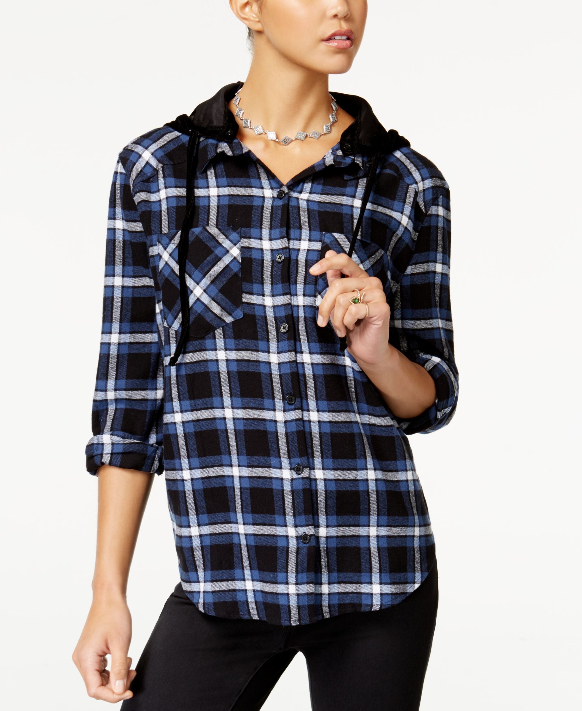 7 Sisters Juniors Velvet Hood Plaid Shirt