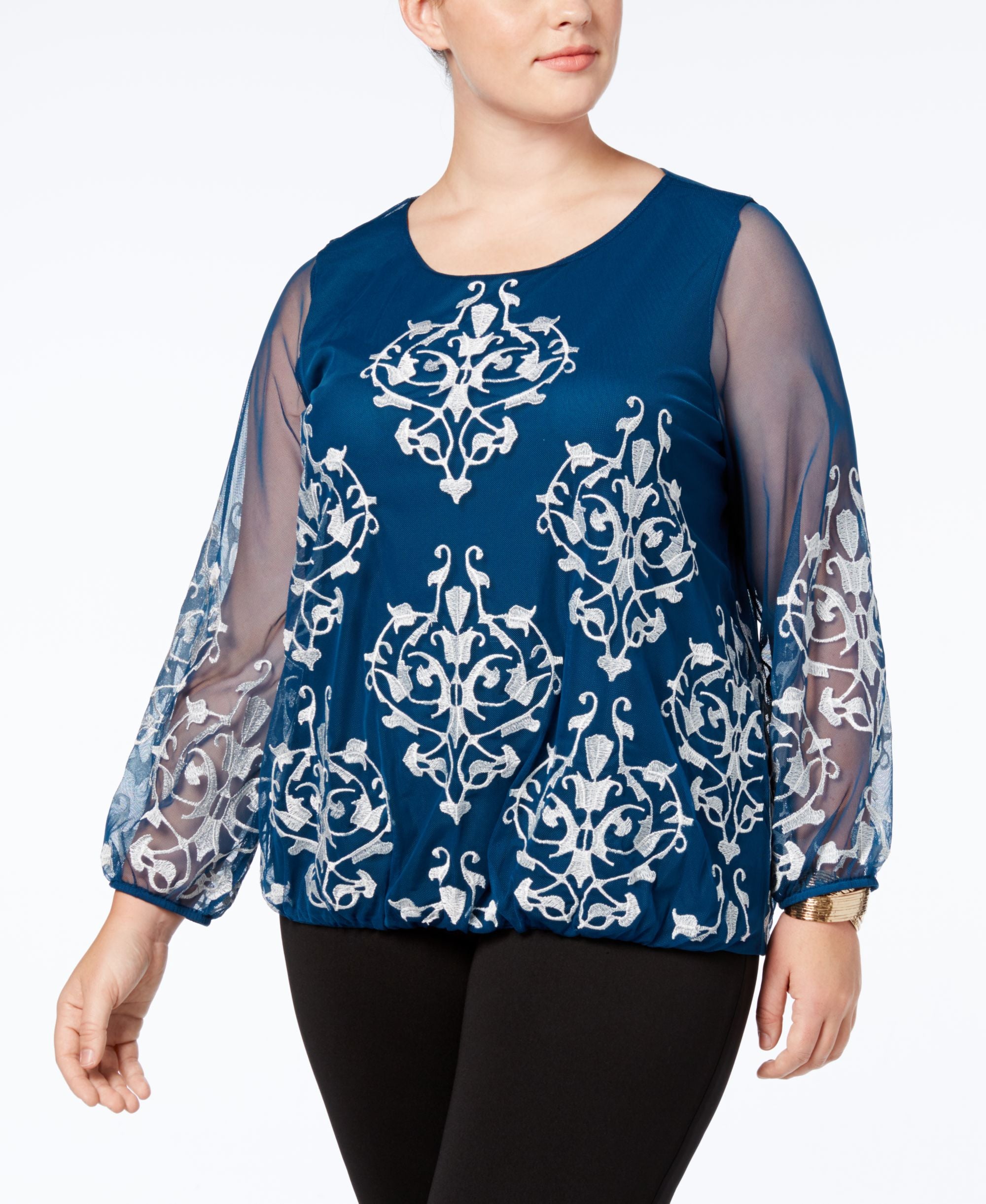 Alfani Plus Size Embroidered Mesh Sleeve Blouse