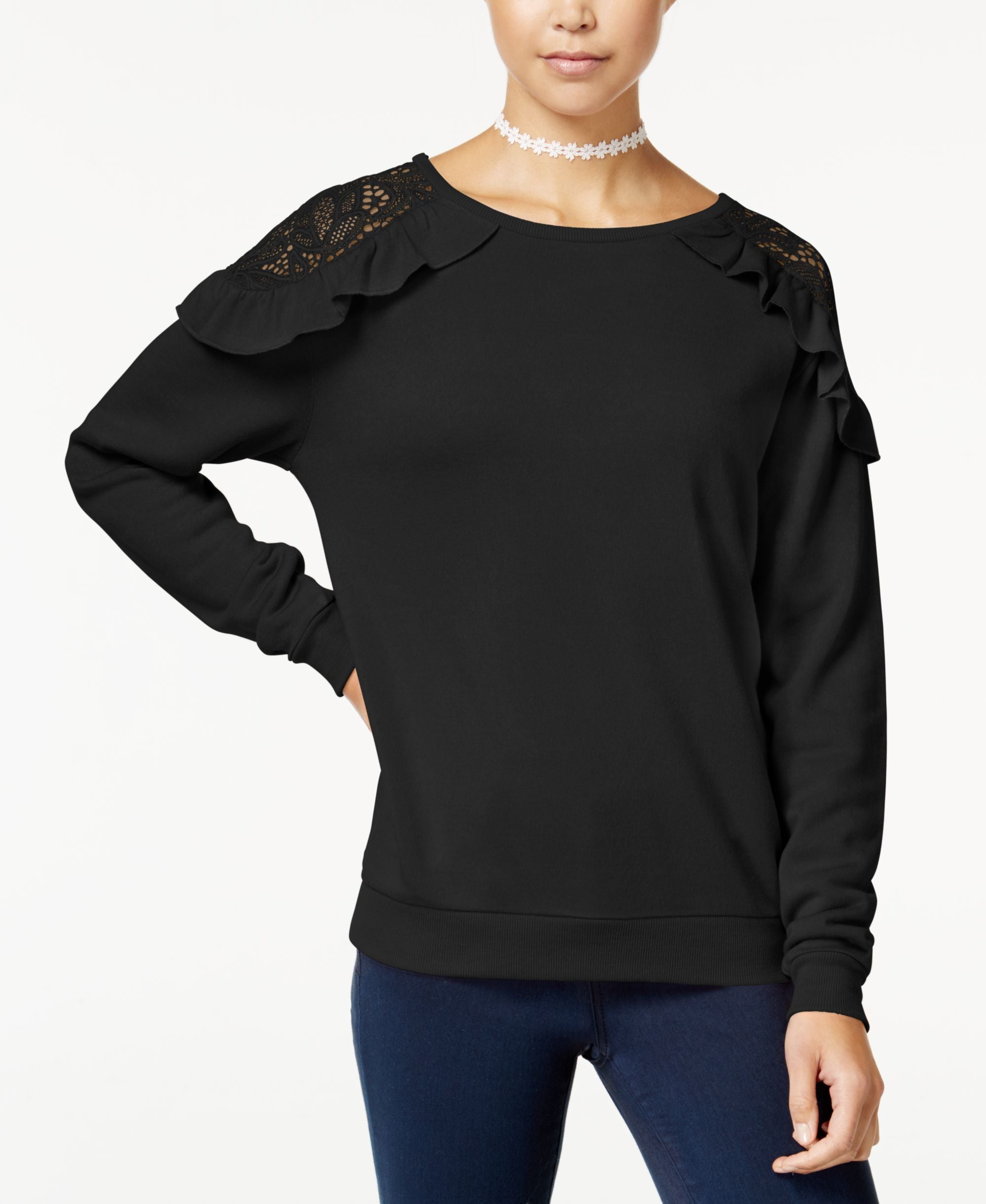 Self Esteem Juniors Ruffled Lace Trim Cold Shoulder Sweatshirt