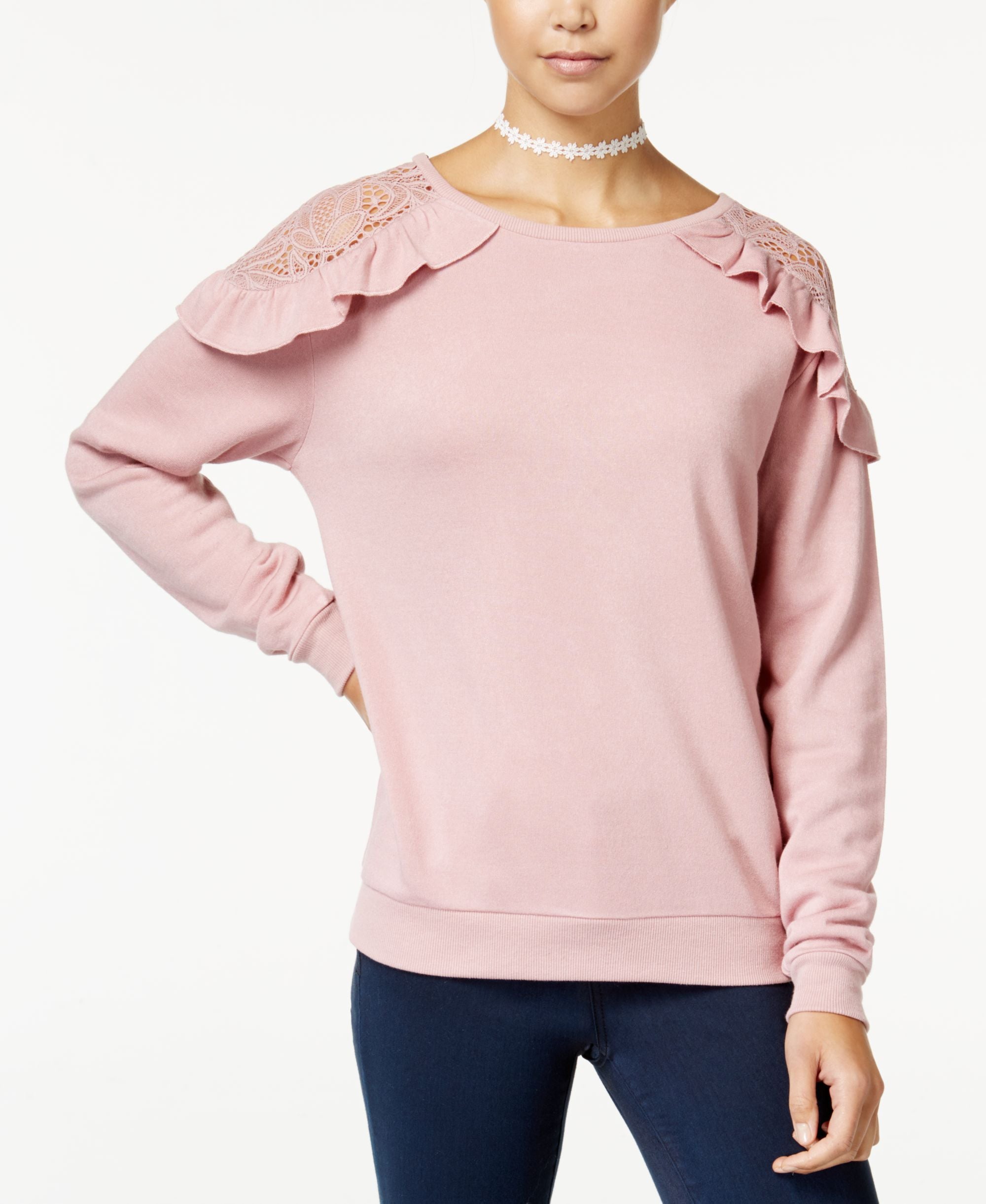 Self Esteem Juniors Ruffled Lace Trim Cold Shoulder Sweatshirt