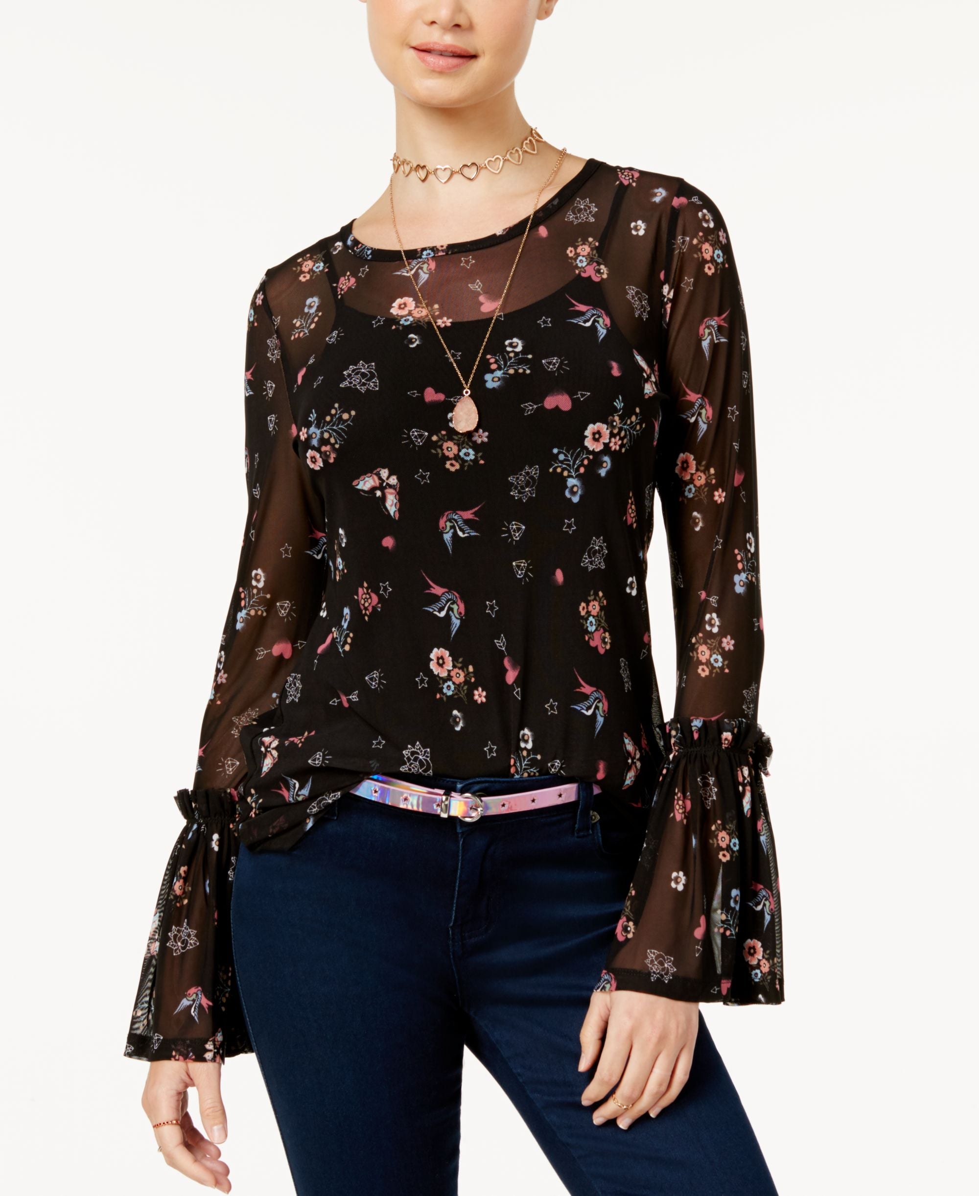 Freshman Juniors' Printed Bell-Sleeve Top