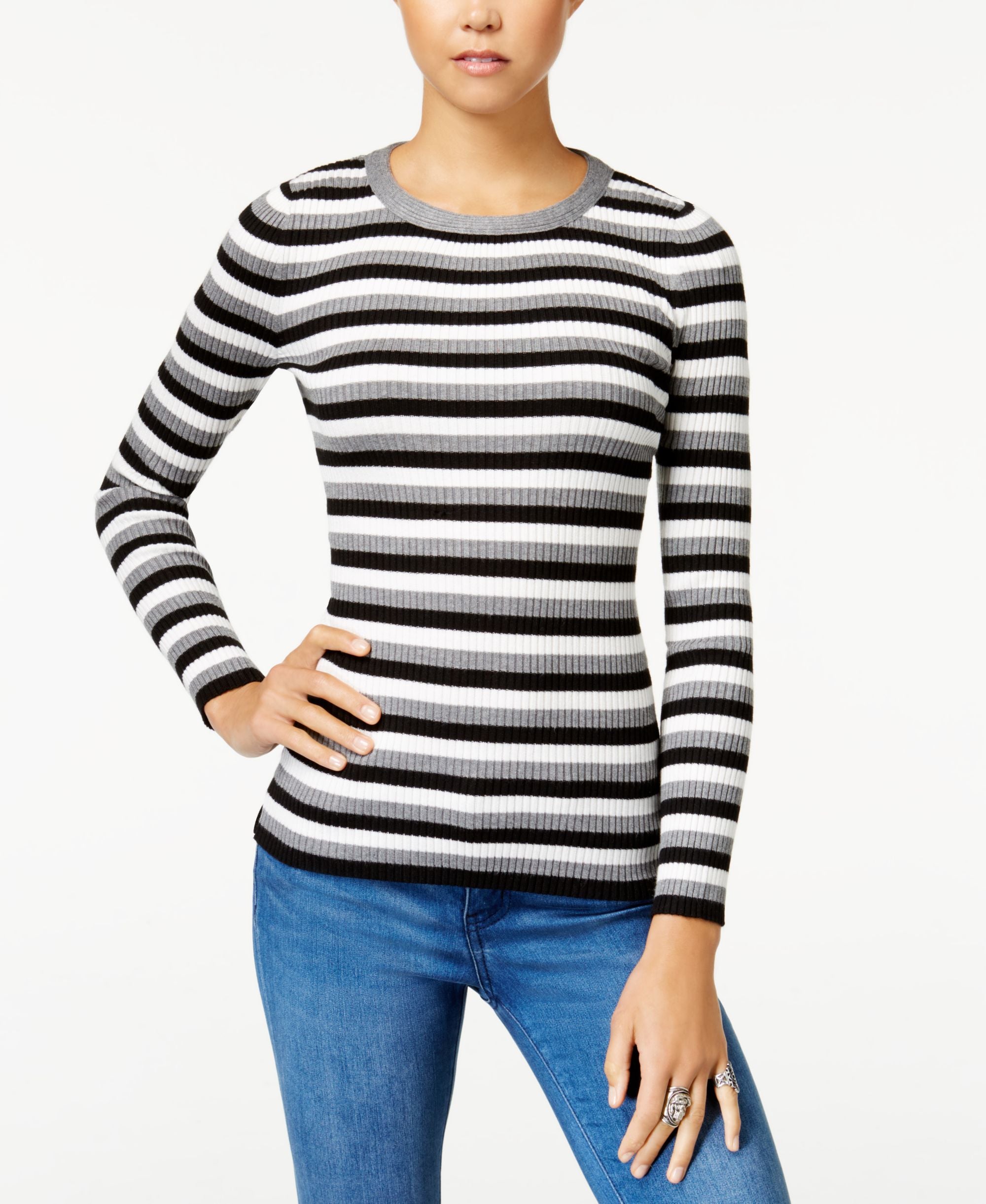 Hooked Up By Iot Juniors Zip Back Striped Sweater