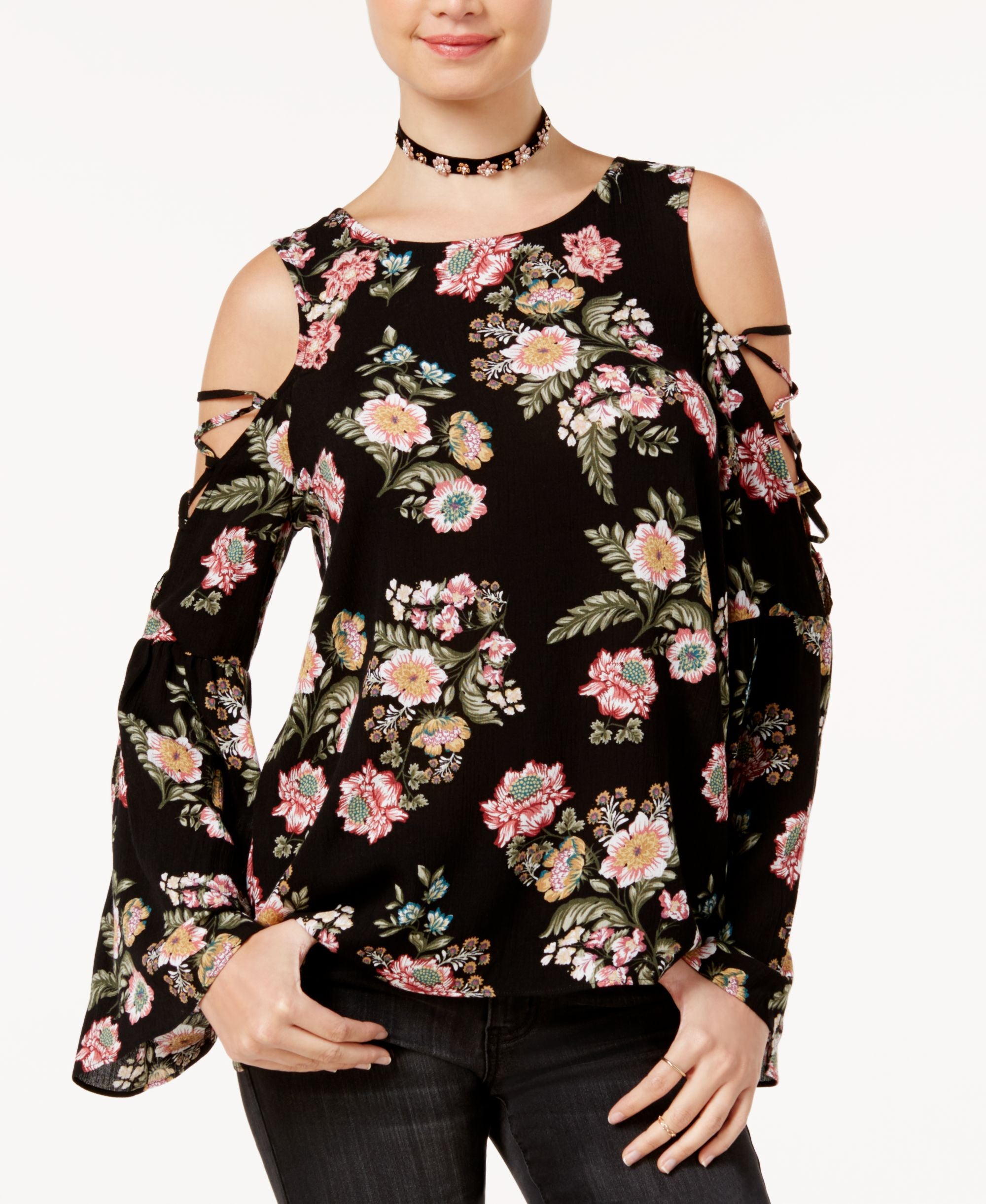 Hippie Rose Juniors Printed Bell Sleeve Cold Shoulder Top