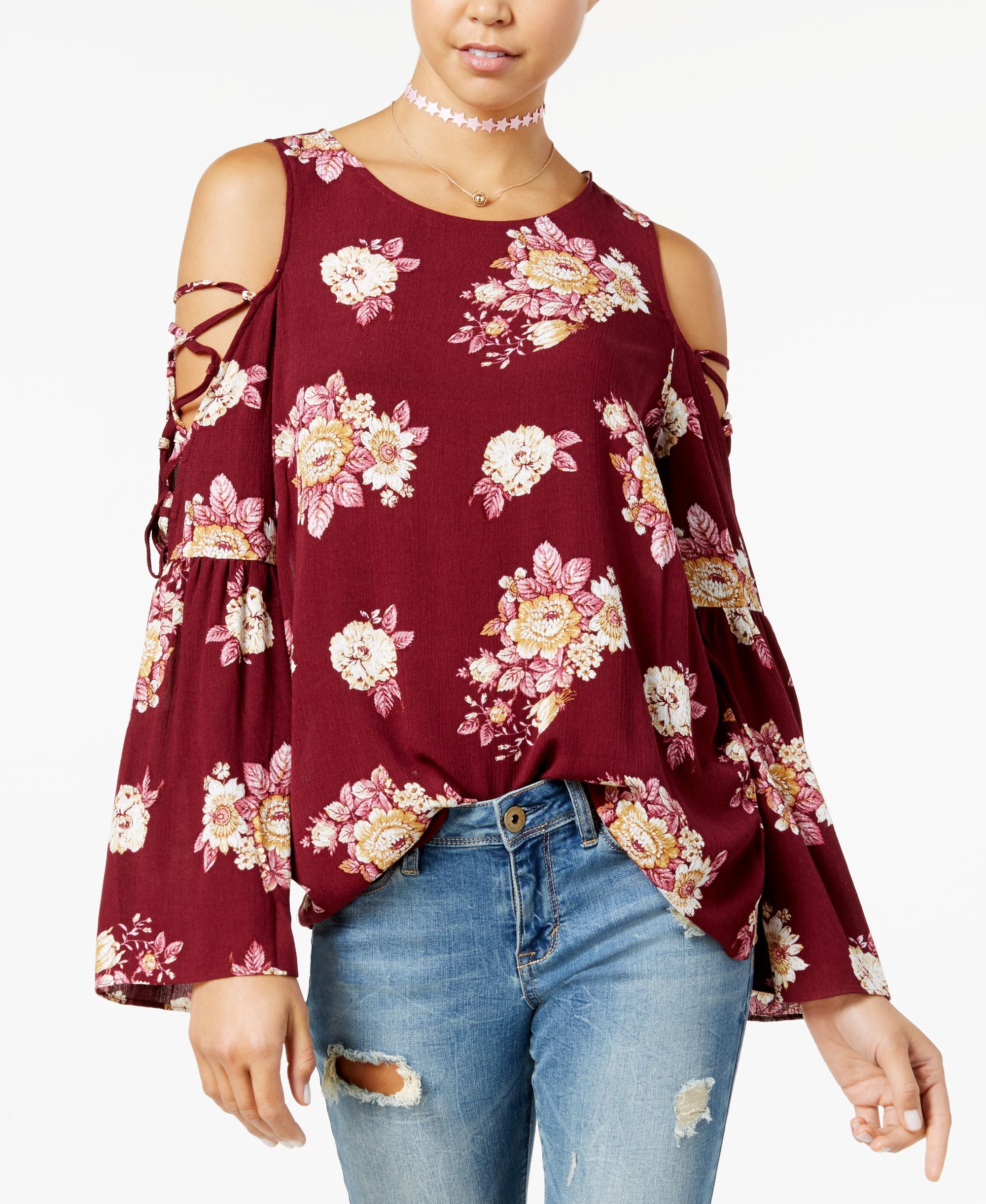 Hippie Rose Juniors Printed Bell Sleeve Cold Shoulder Top