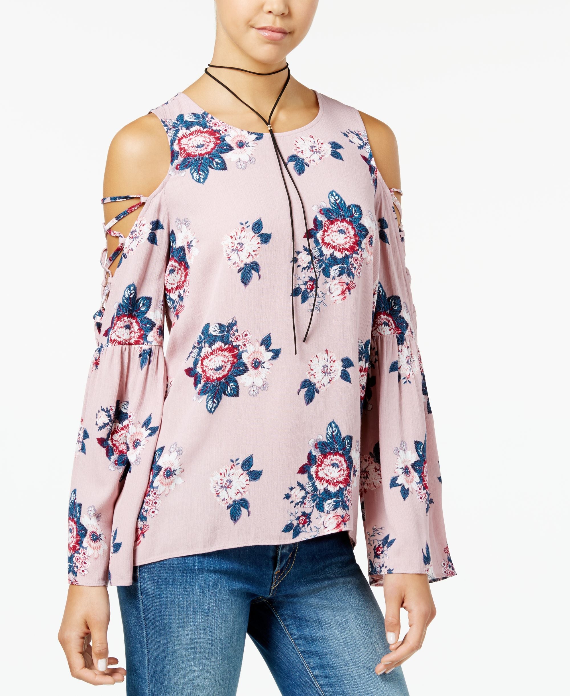 Hippie Rose Juniors Printed Bell Sleeve Cold Shoulder Top