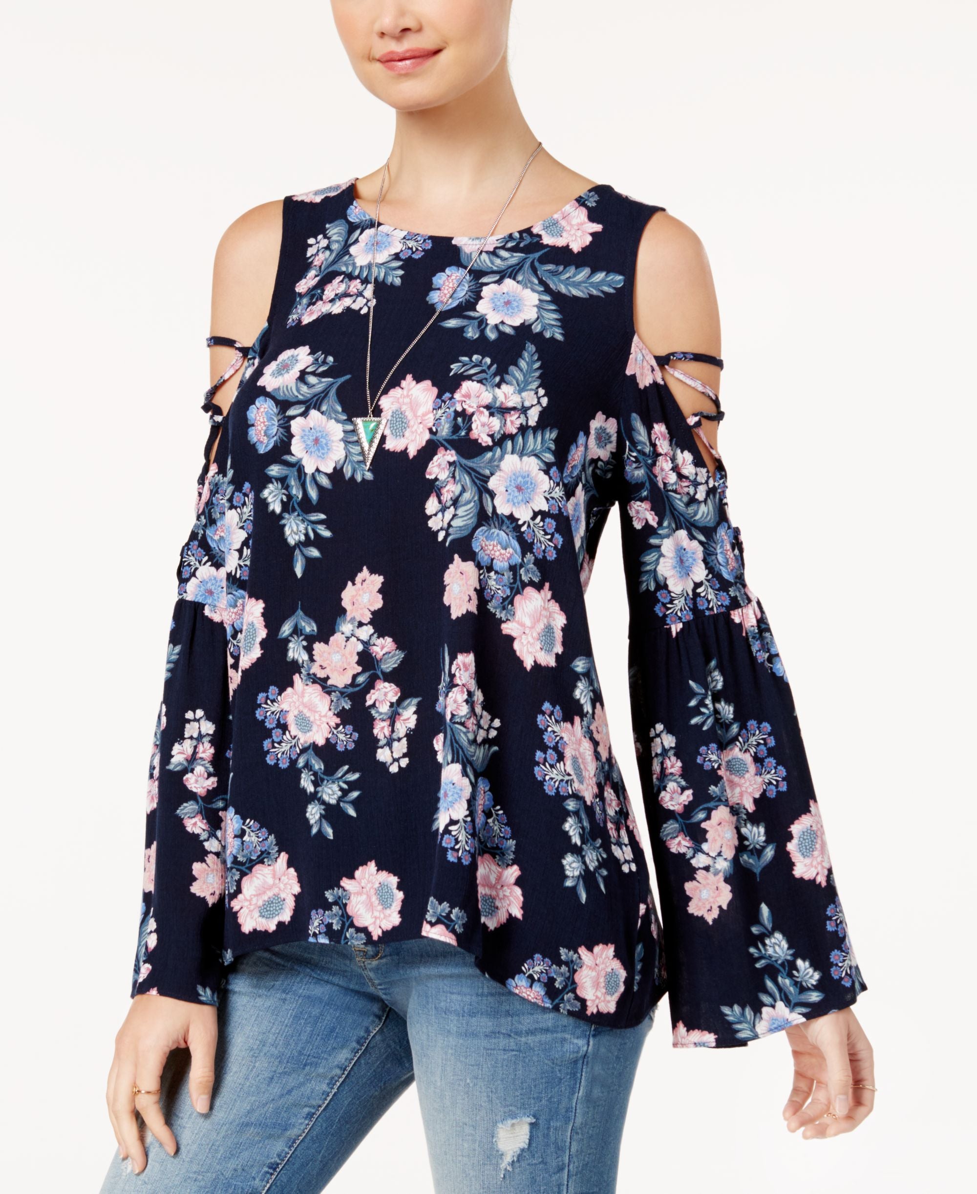 Hippie Rose Juniors Printed Bell Sleeve Cold Shoulder Top