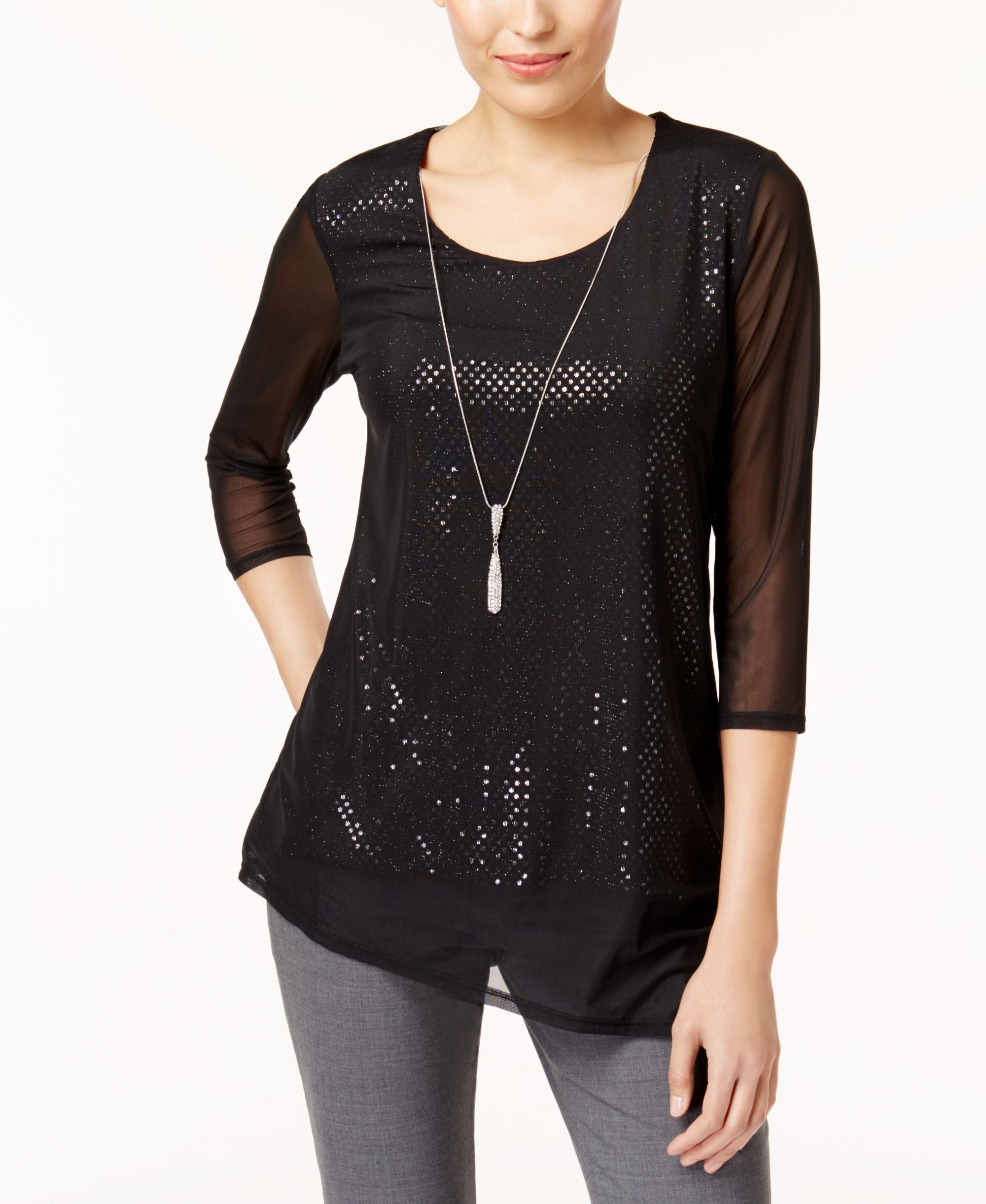 JM Collection Petite Shimmer Print Necklace Tunic
