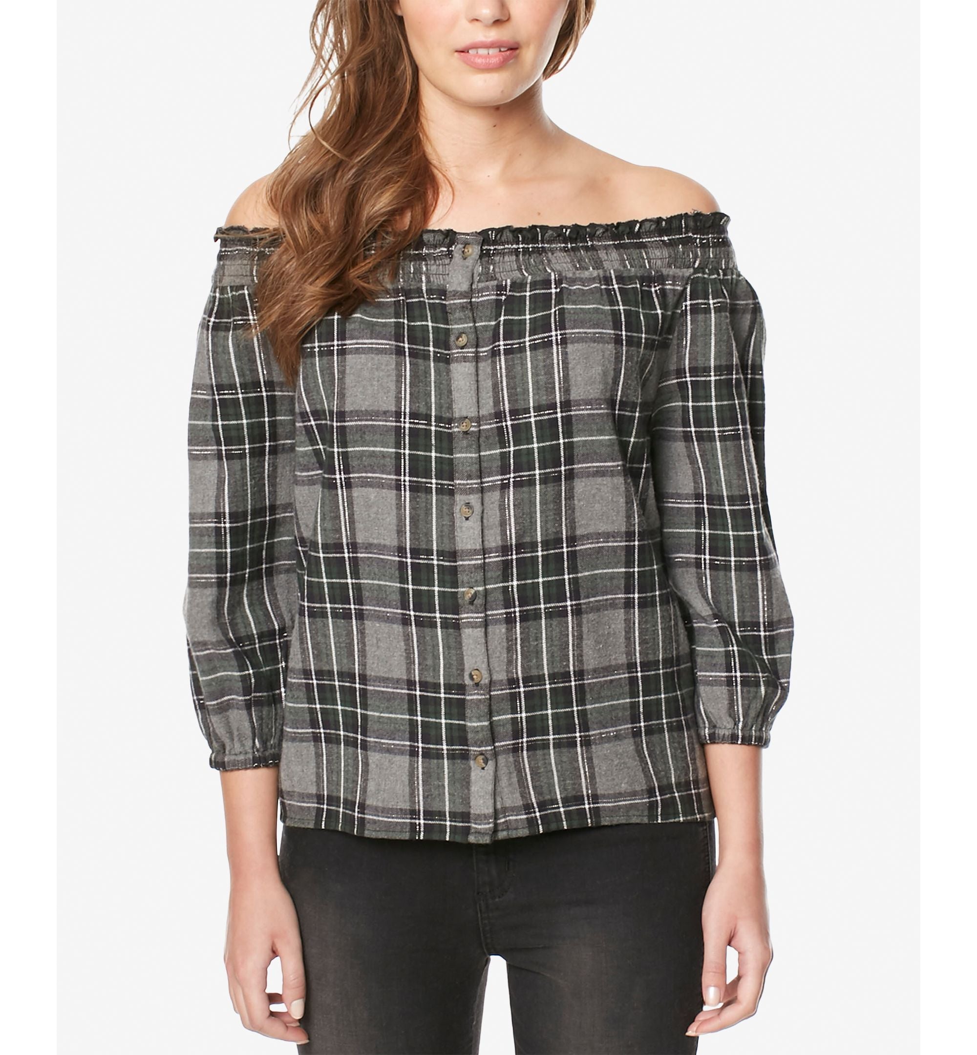 Buffalo David Bitton Plaid Off The Shoulder Top