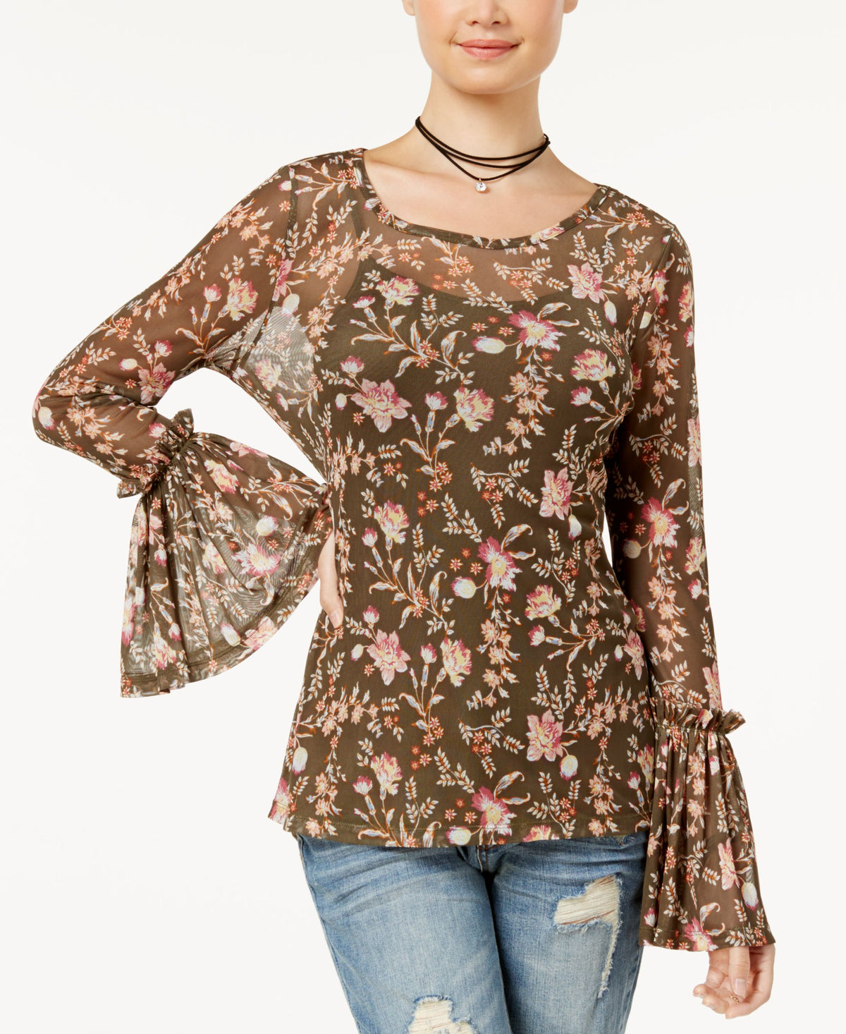 Freshman Juniors' Printed Bell-Sleeve Top
