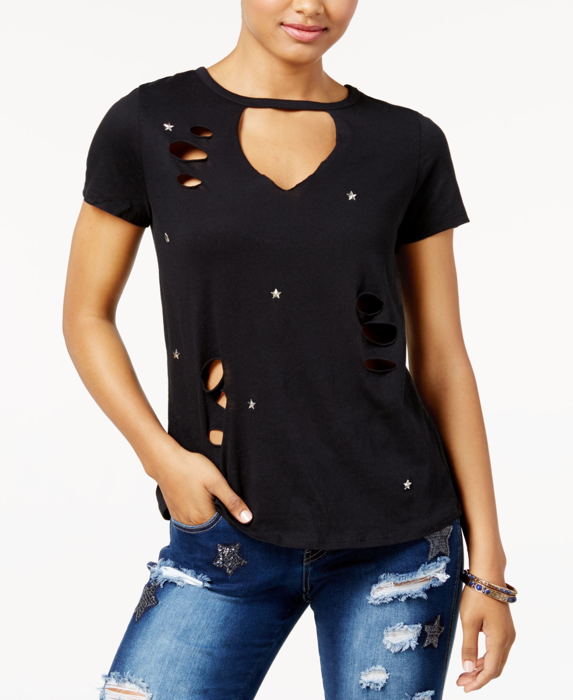 Rebellious One Juniors Cutout Studded Star T-Shirt