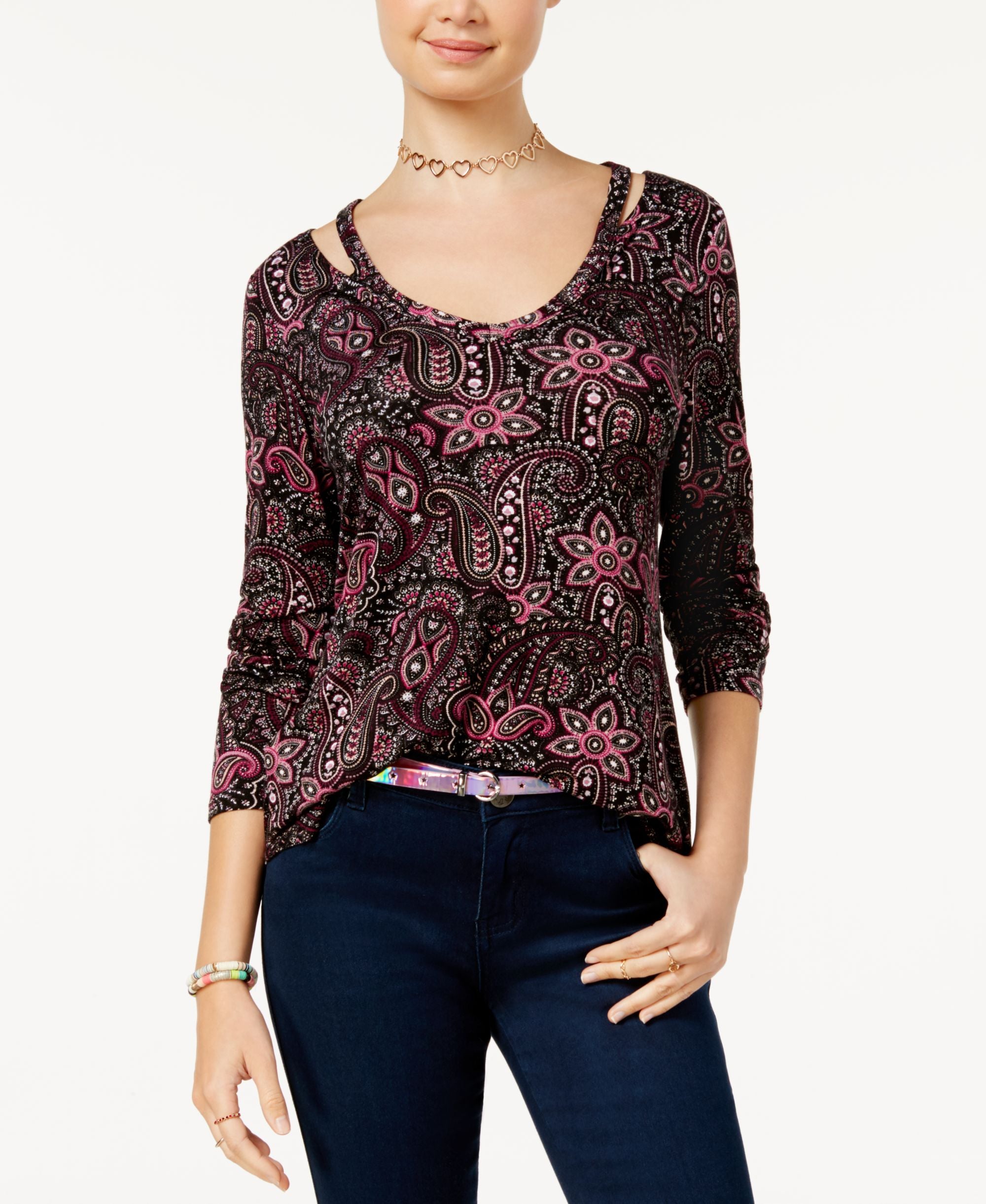 Juniors' Printed Cutout-Neck Top