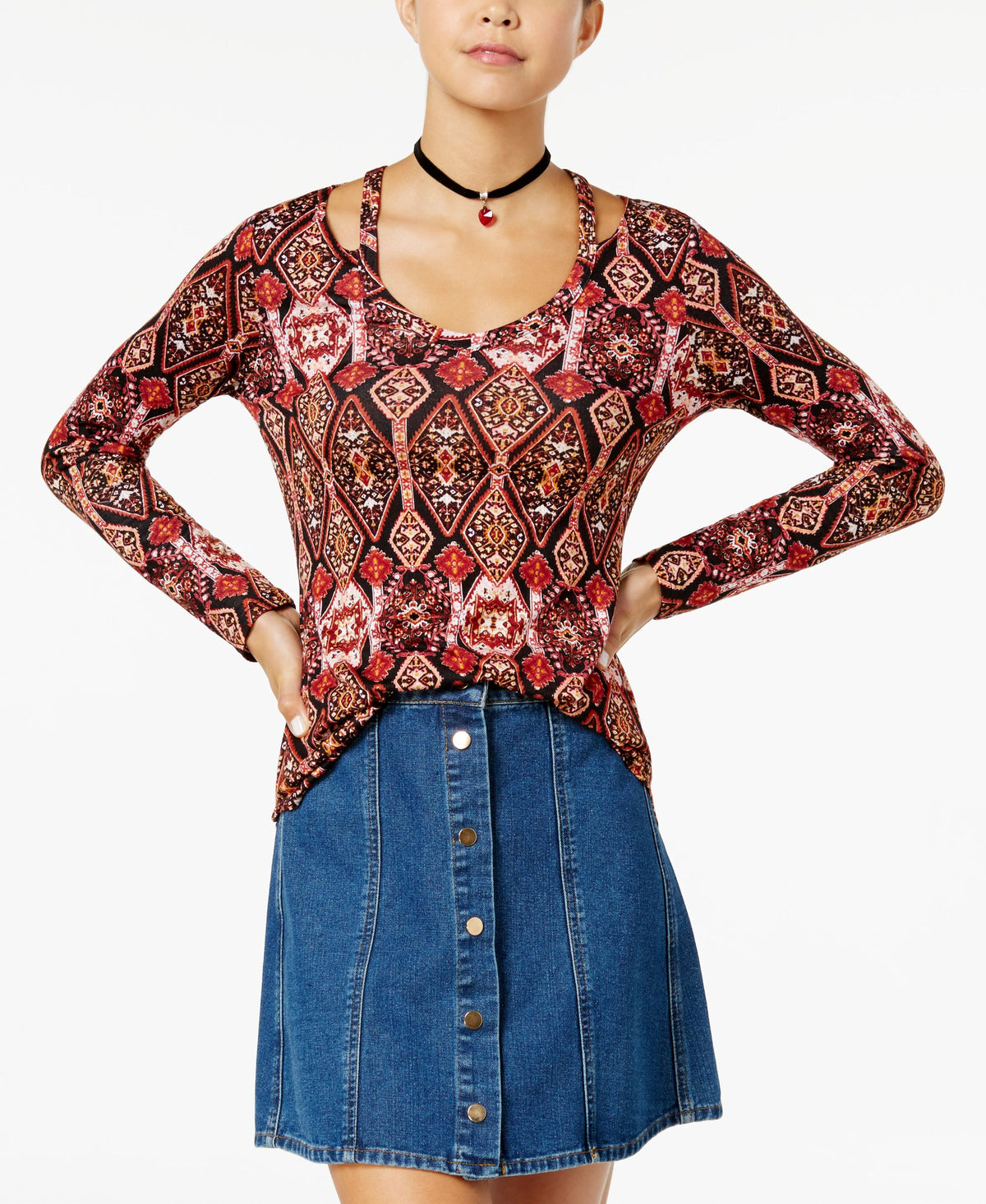 Juniors' Printed Cutout-Neck Top