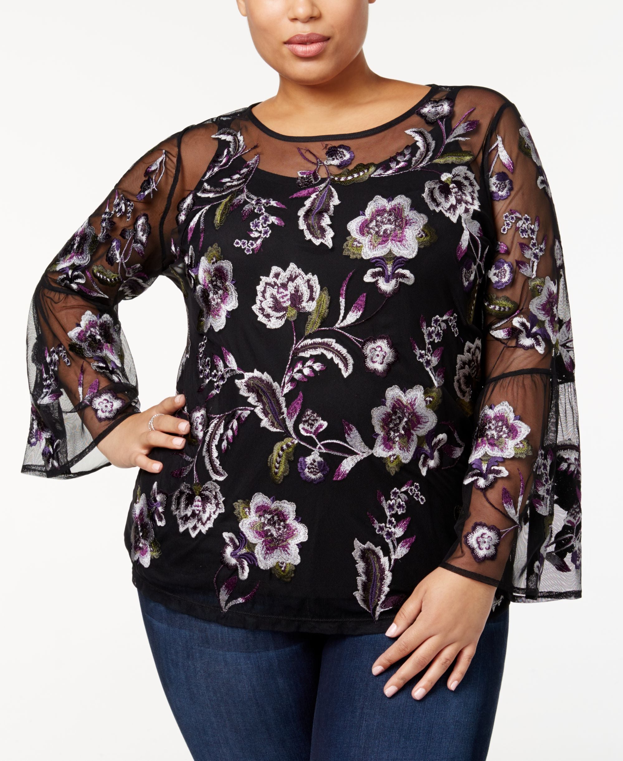 Plus Size Floral Embroidered Mesh Top
