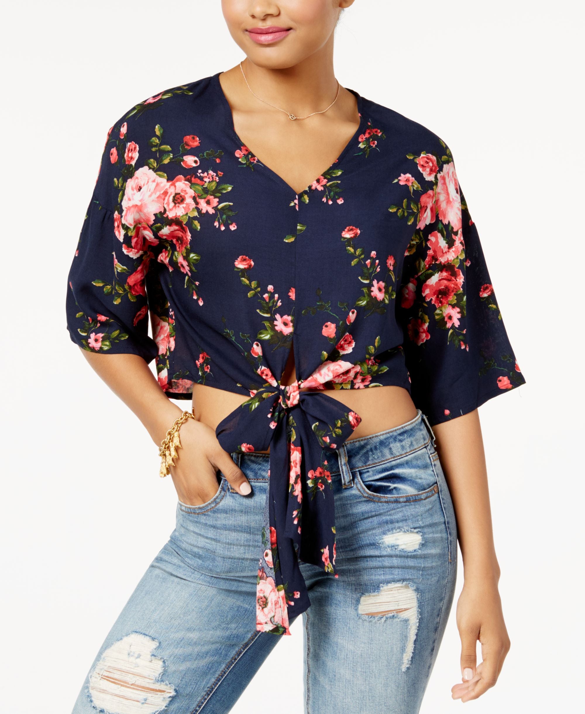 Polly Esther Juniors Cotton Tie Front Crop Top