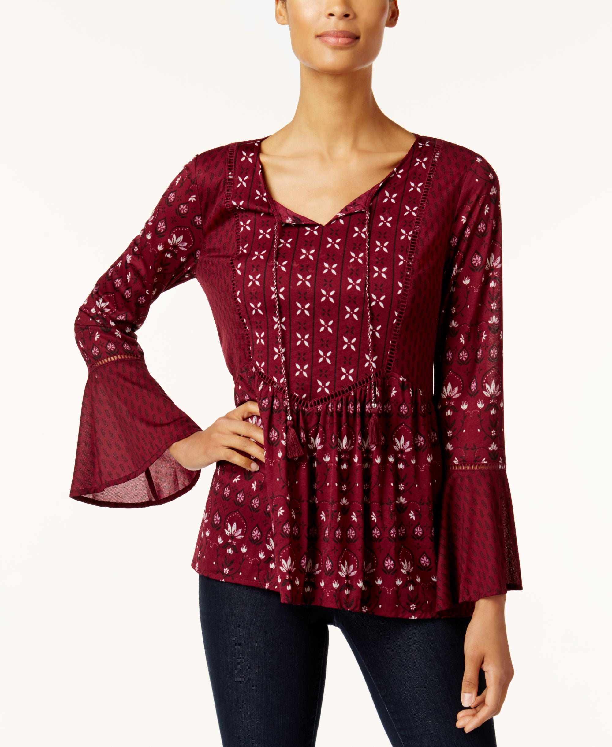 Style & Co Petite Mixed Print Peasant Top