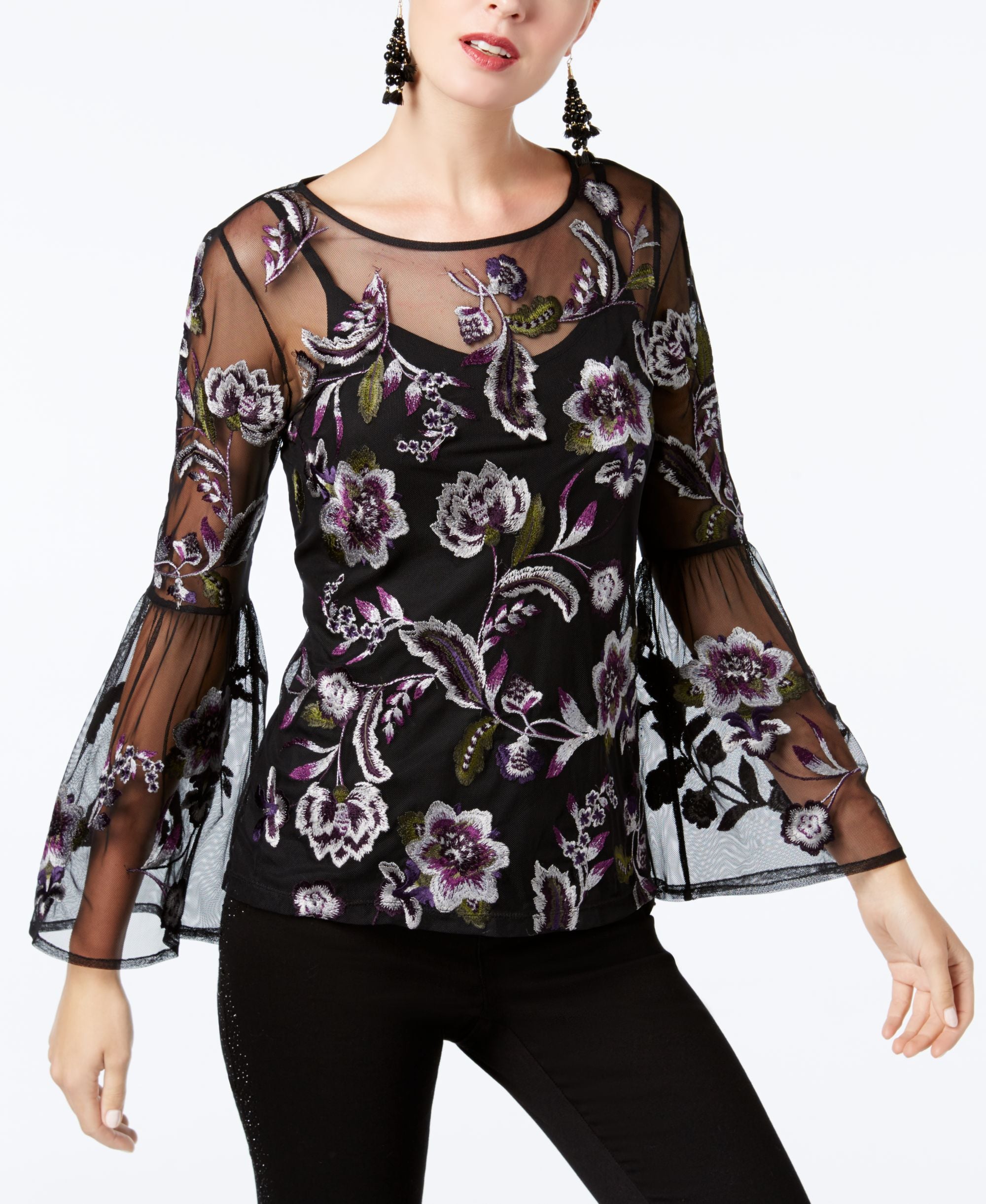 INC International Concepts Petite Embroidered Mesh Top