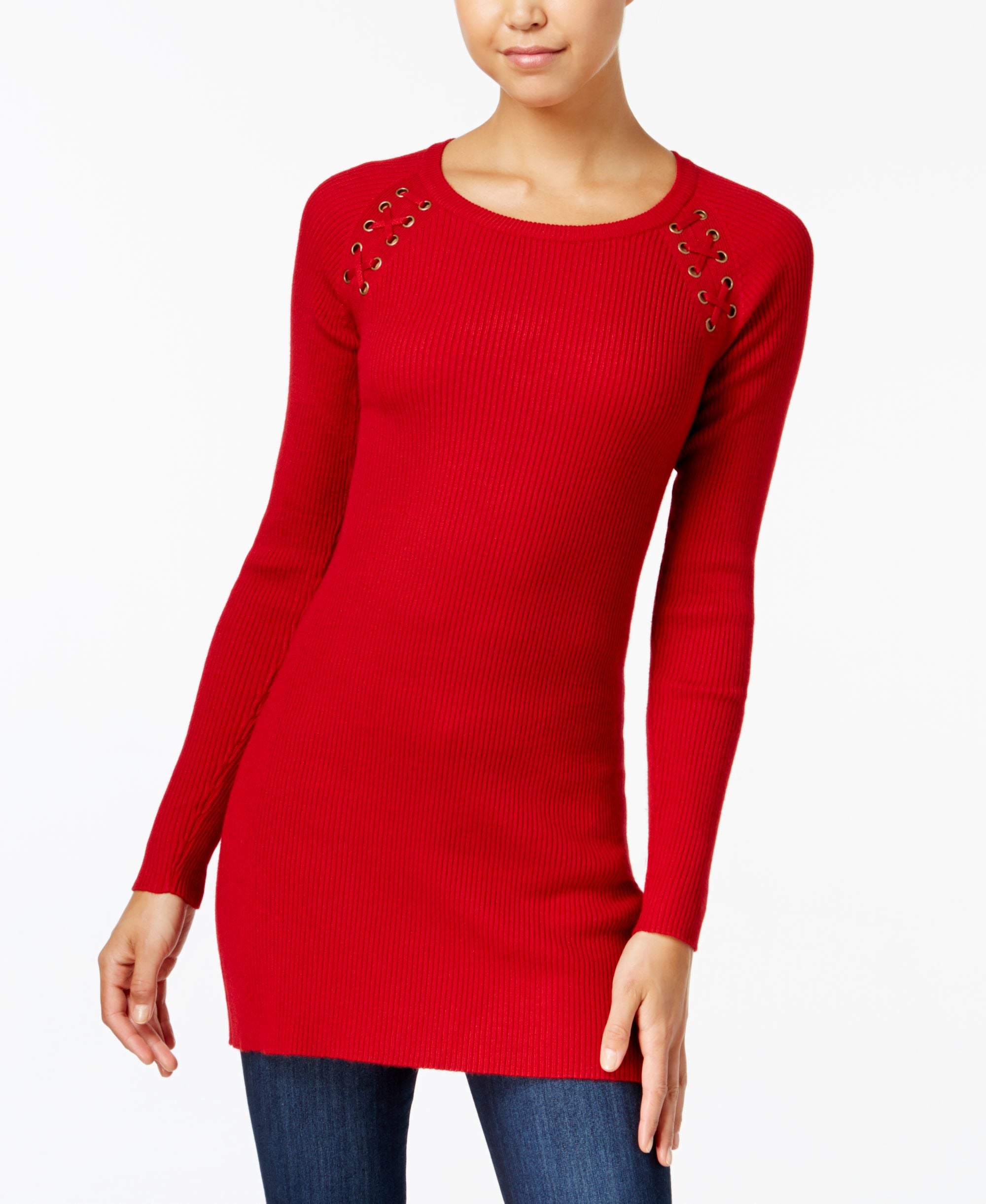Bcx Juniors Ribbed Lace Up Tunic Sweater