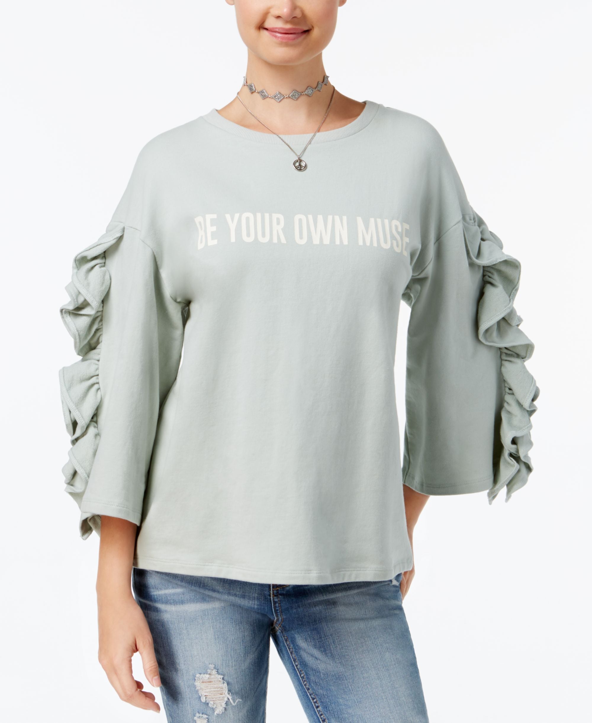 Polly Esther Juniors Ruffle Sleeve Graphic Sweatshirt