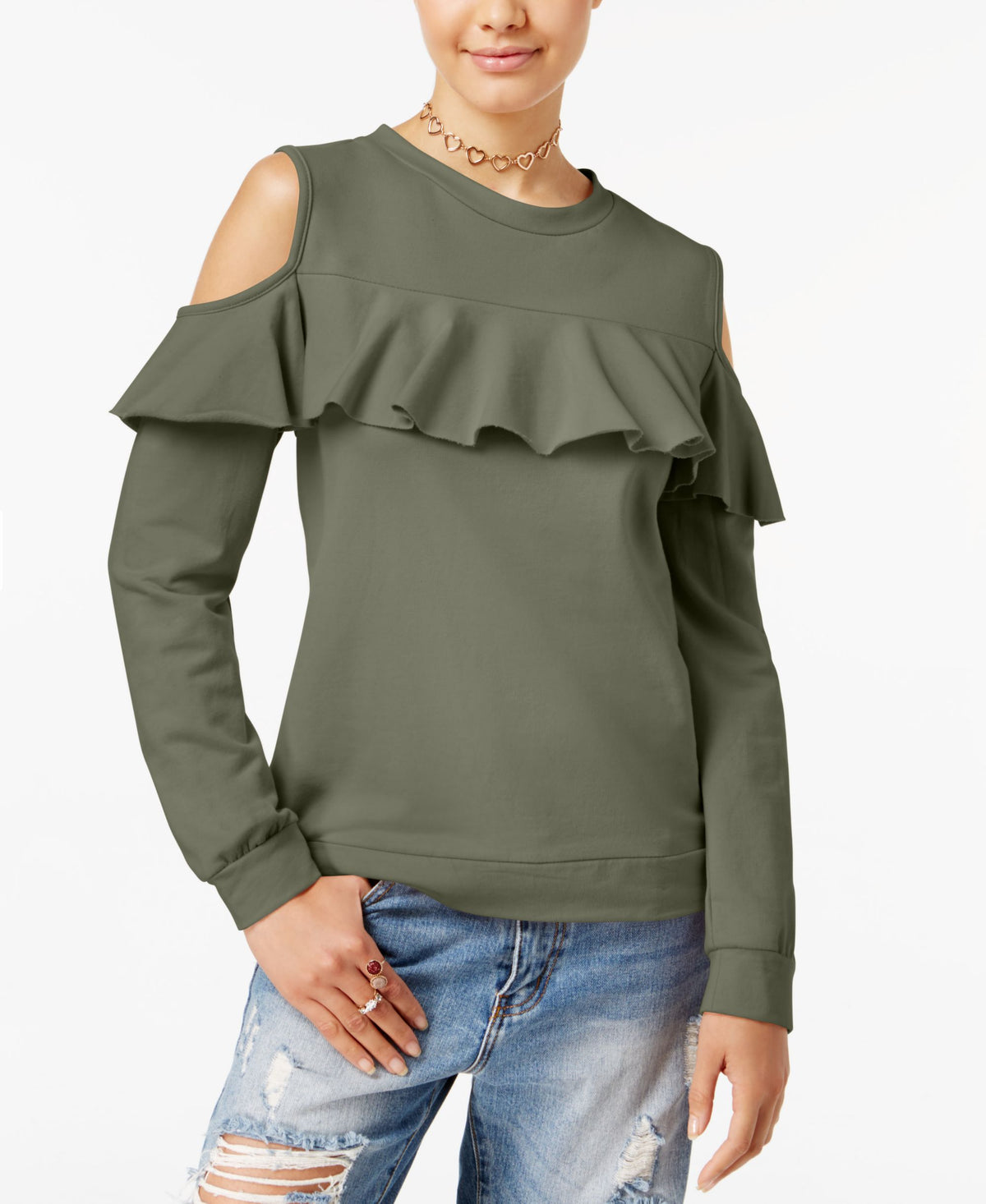 Polly Esther Juniors Cold Shoulder Ruffle Sweatshirt