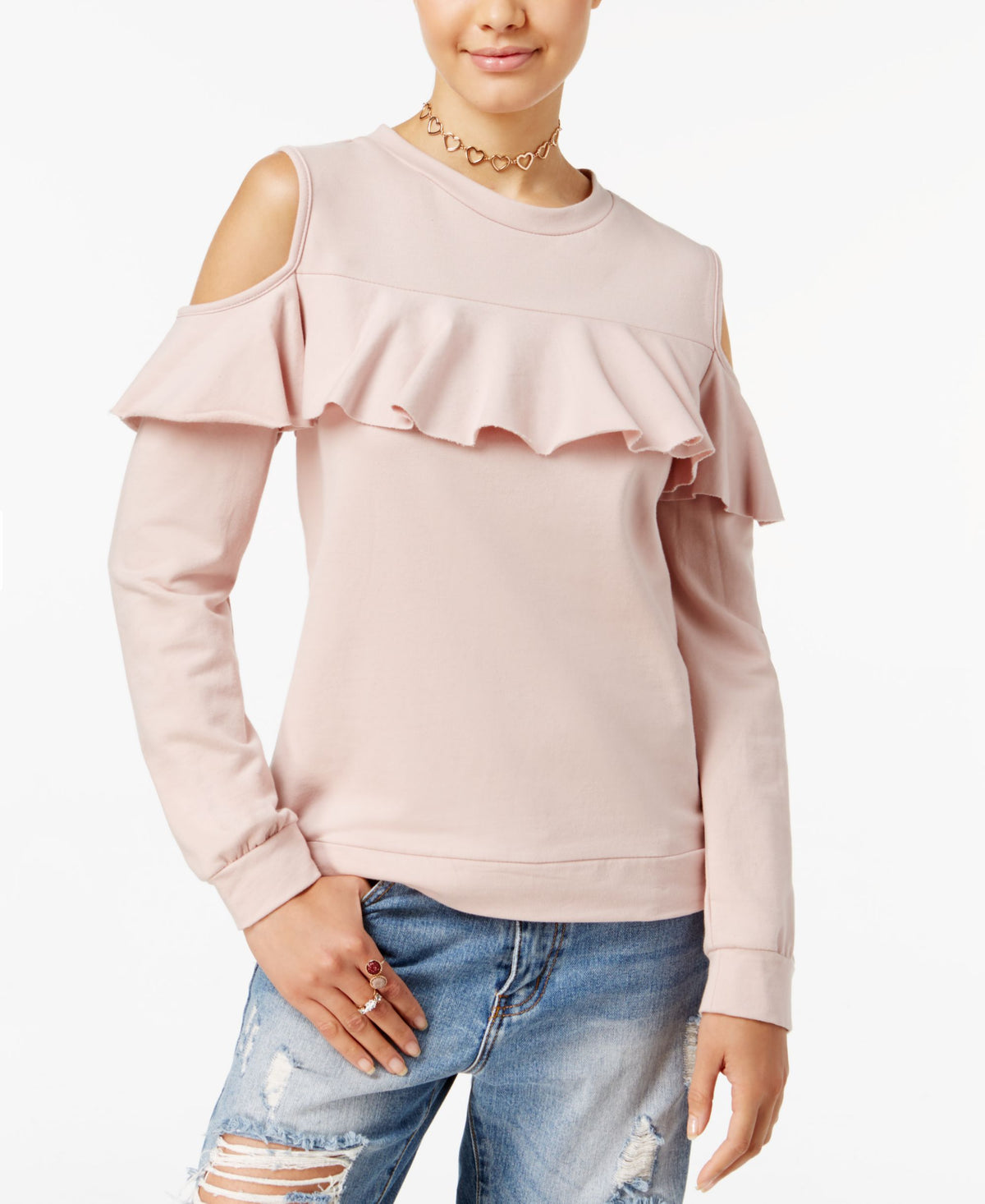 Polly Esther Juniors Cold Shoulder Ruffle Sweatshirt