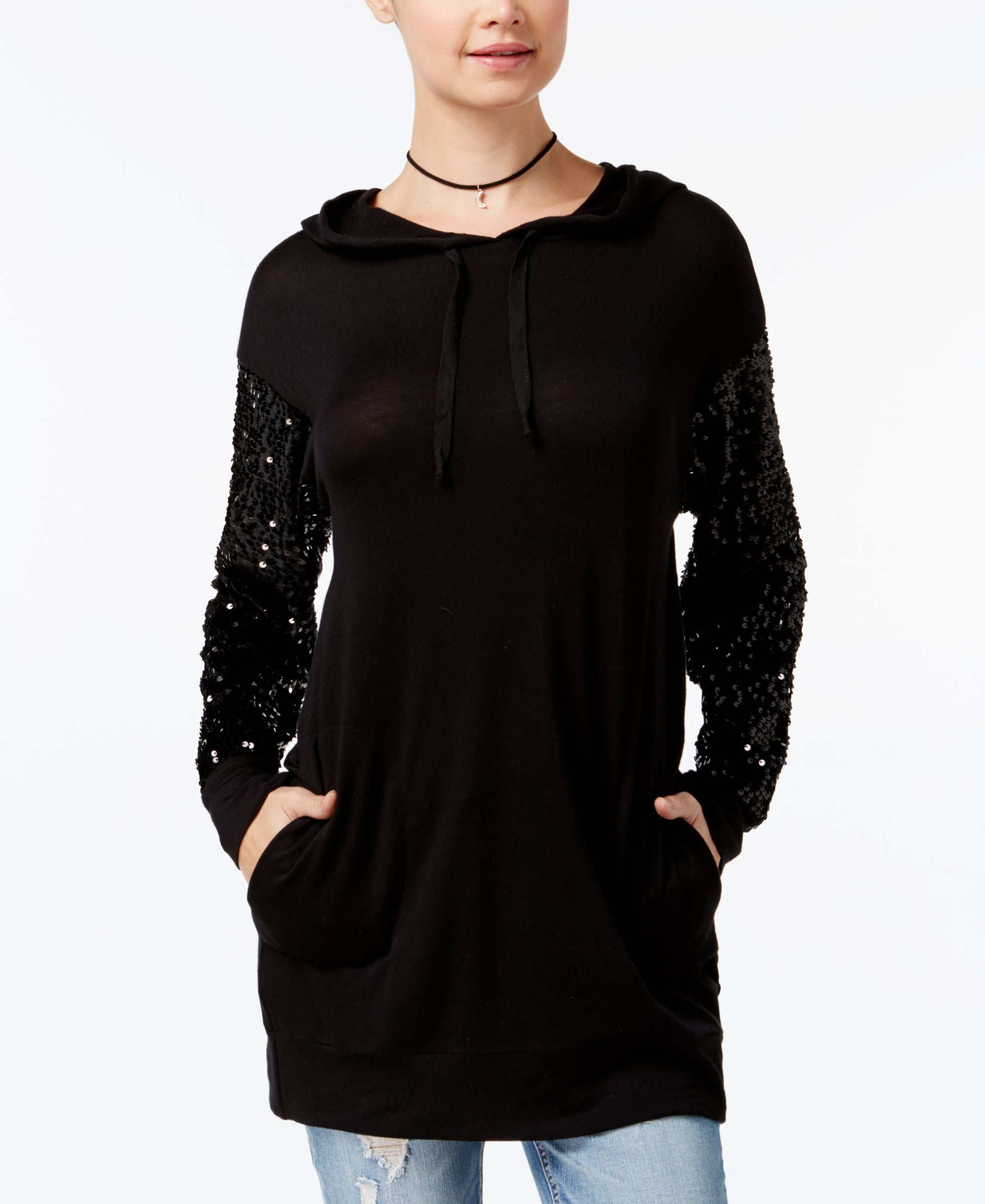 Gypsies & Moondust Juniors' Sequin-Sleeve Hoodie