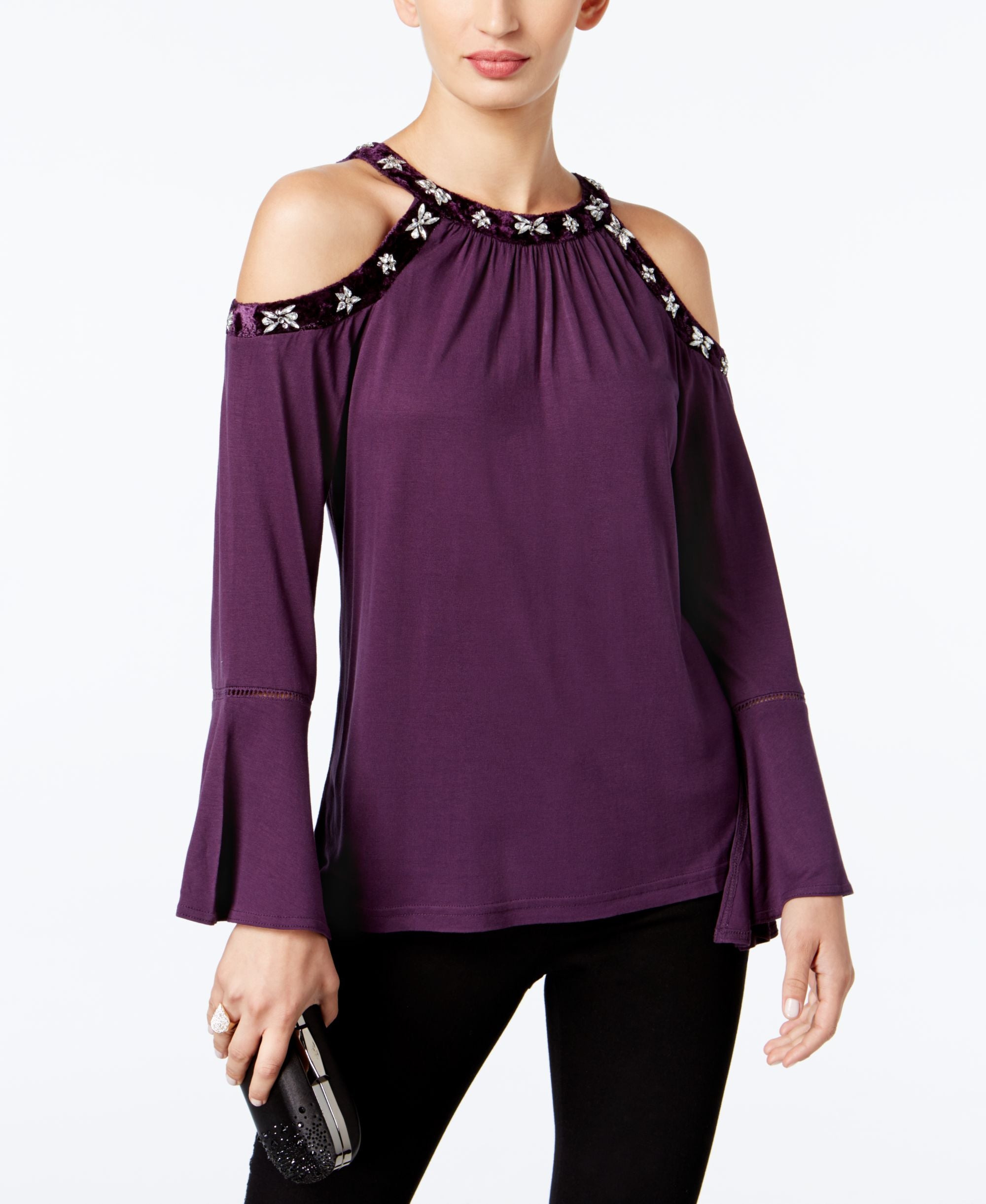 INC International Concepts Velvet Trimmed Embellished Cold Shoulder Top