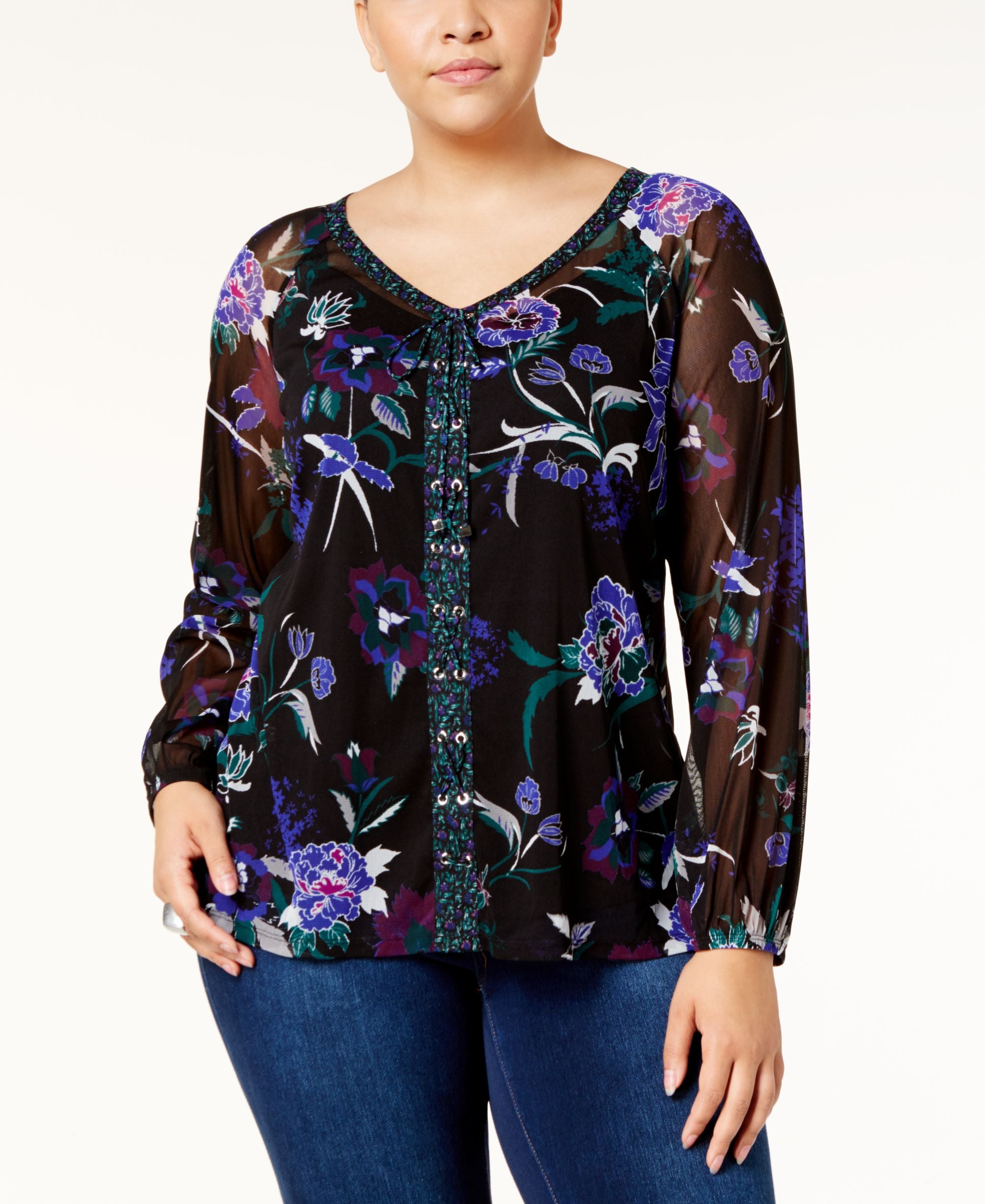 INC International Concepts Plus Size Printed Lace Up Top