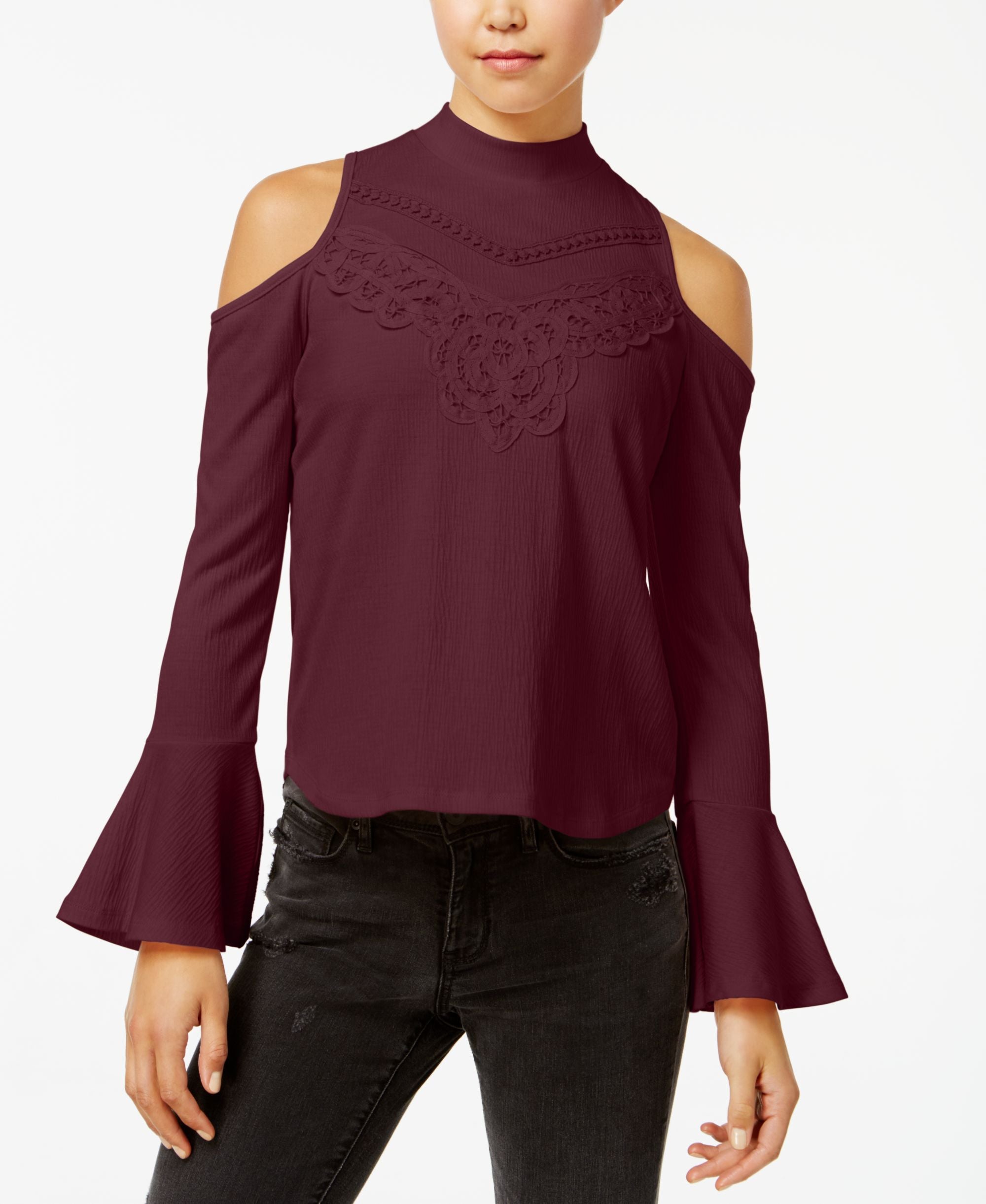 Juniors' Mock-Neck Cold-Shoulder Crepe Top