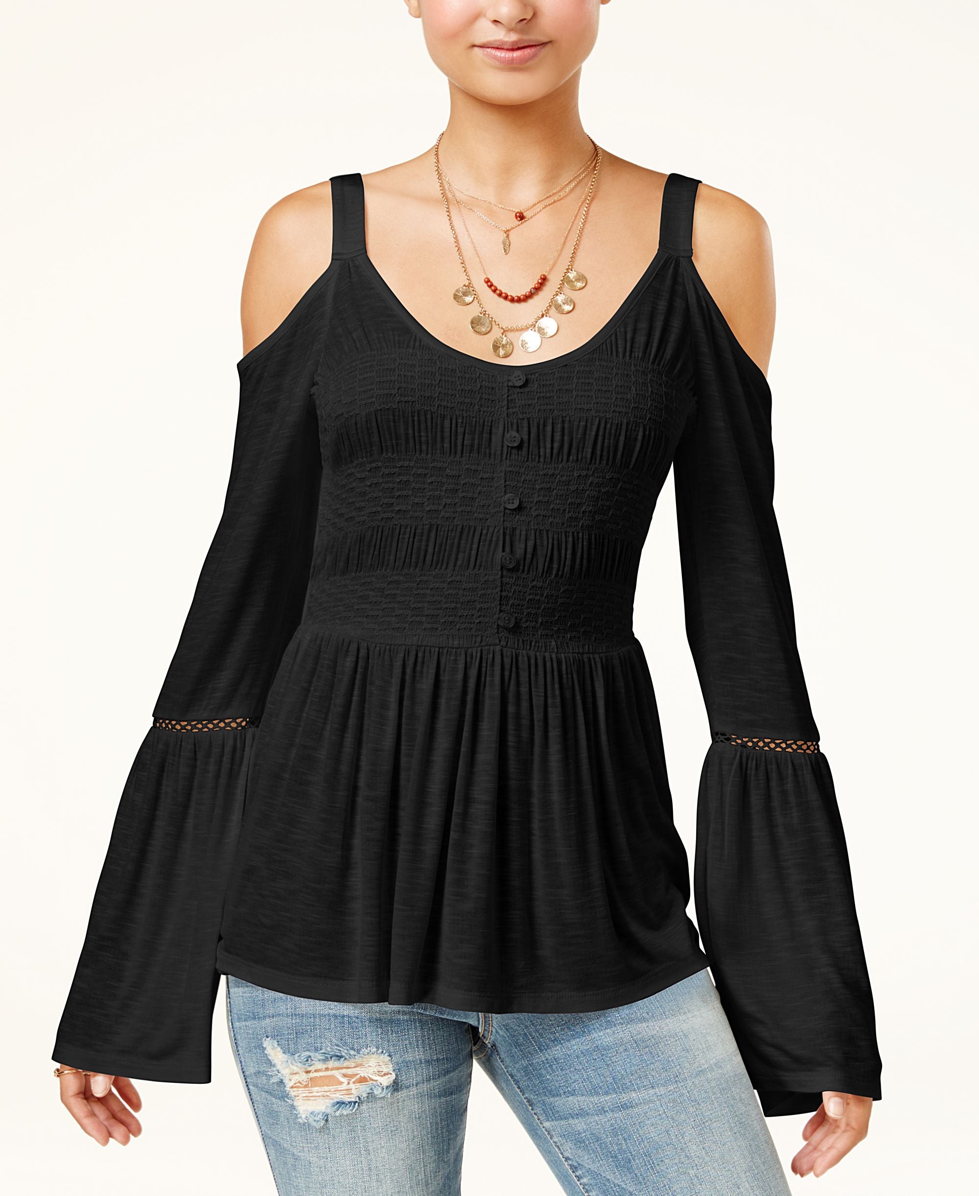 Juniors' Cold-Shoulder Bell-Sleeve Top