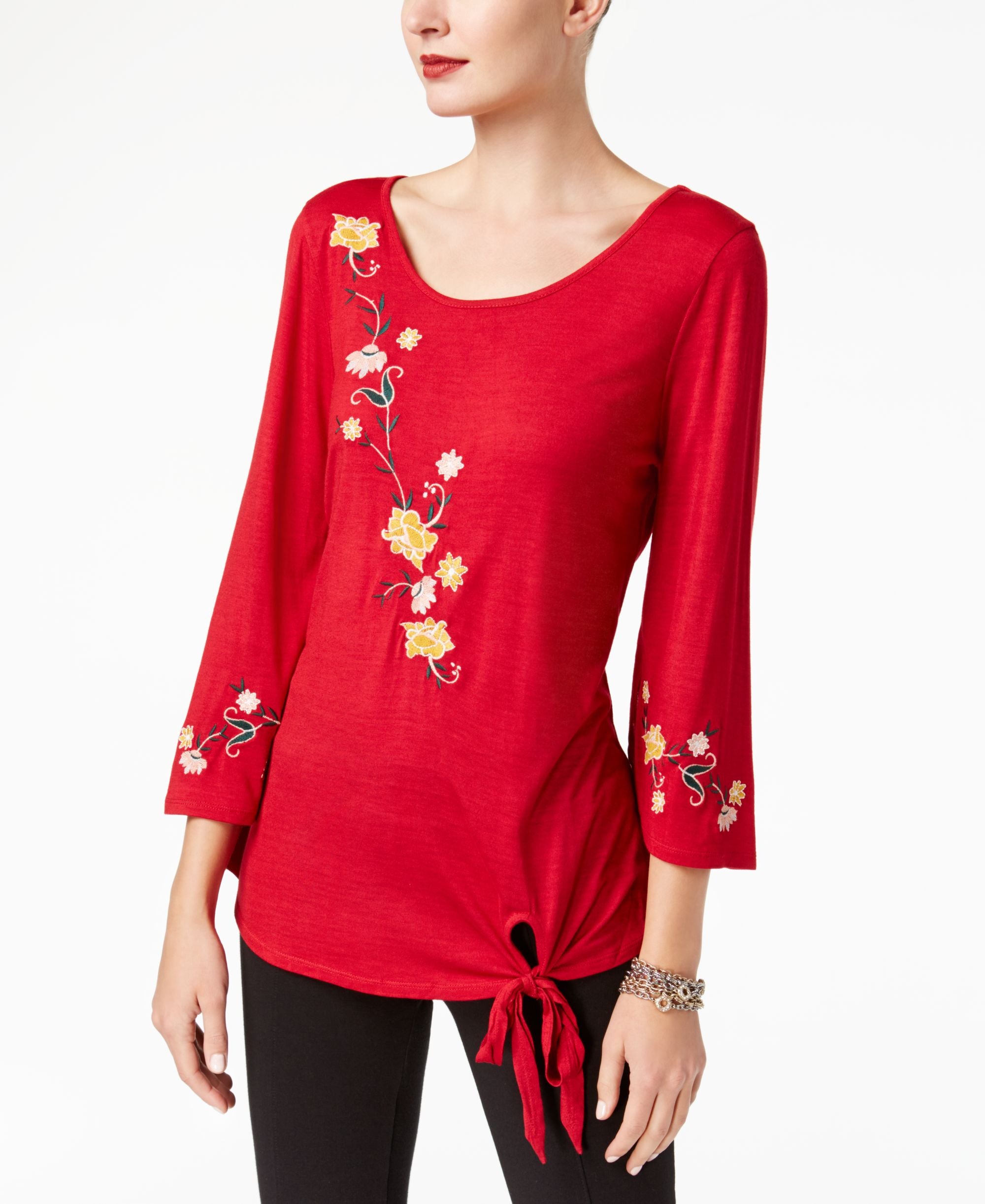 NY Collection Embroidered Tie Front Top