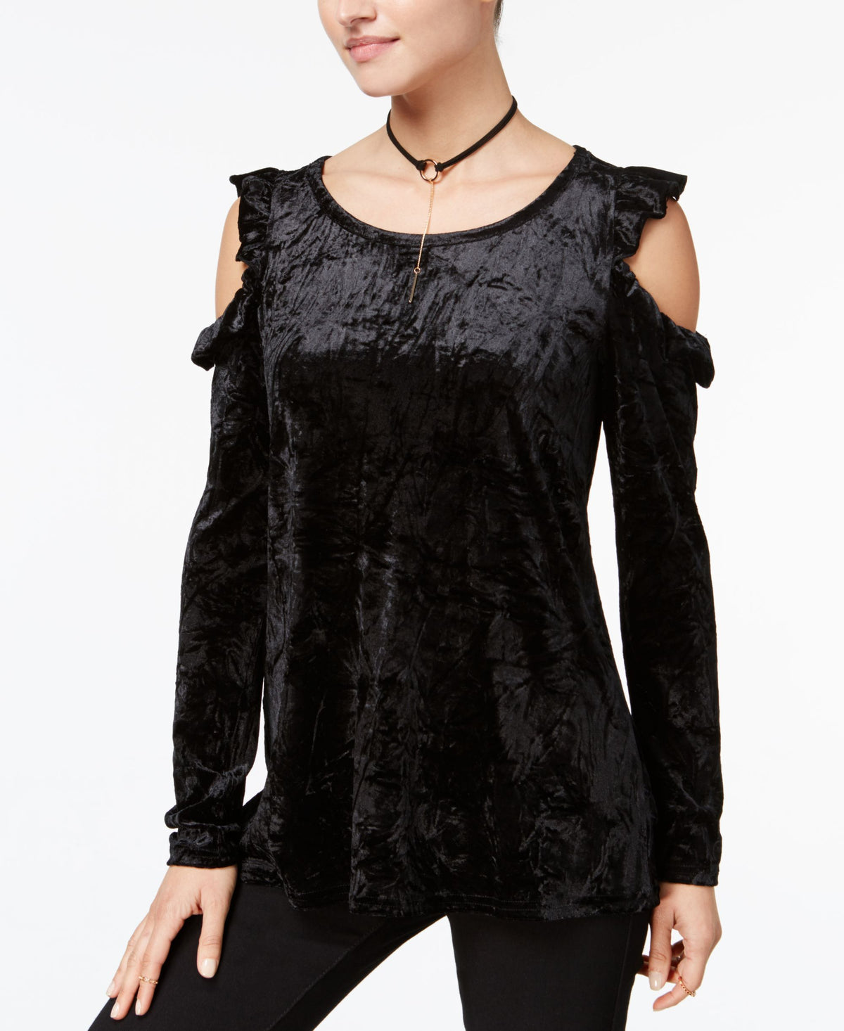 Juniors' Velvet Cold-Shoulder Top