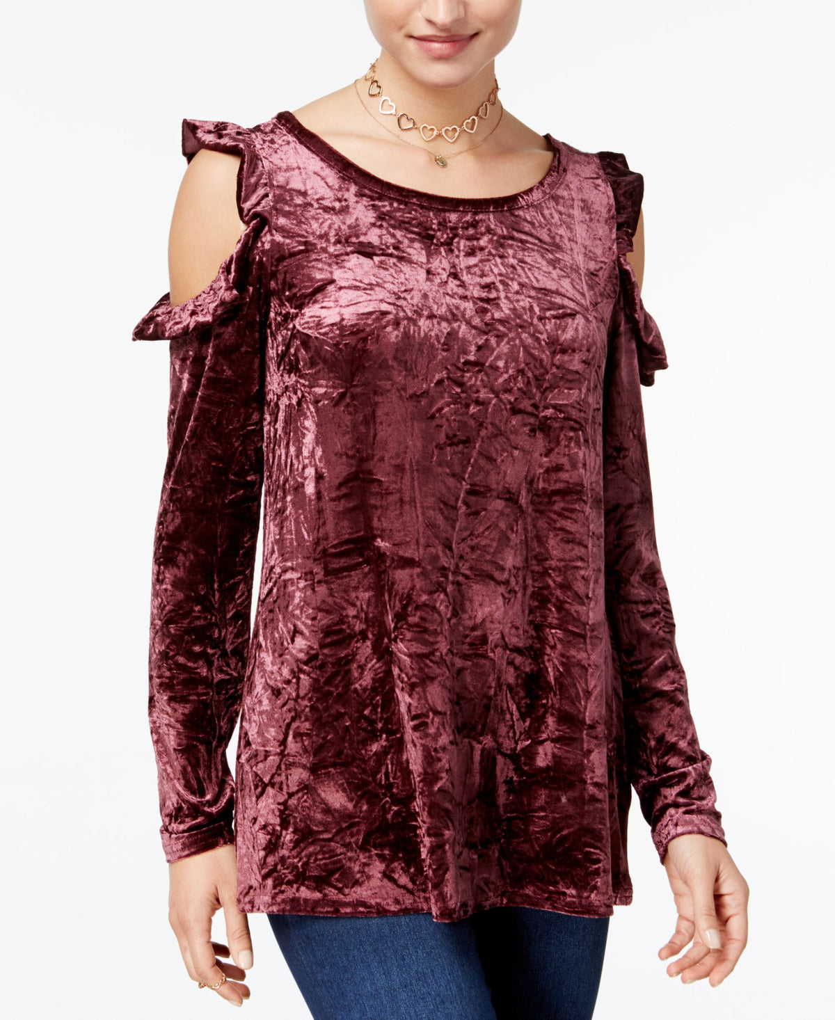 Juniors' Velvet Cold-Shoulder Top