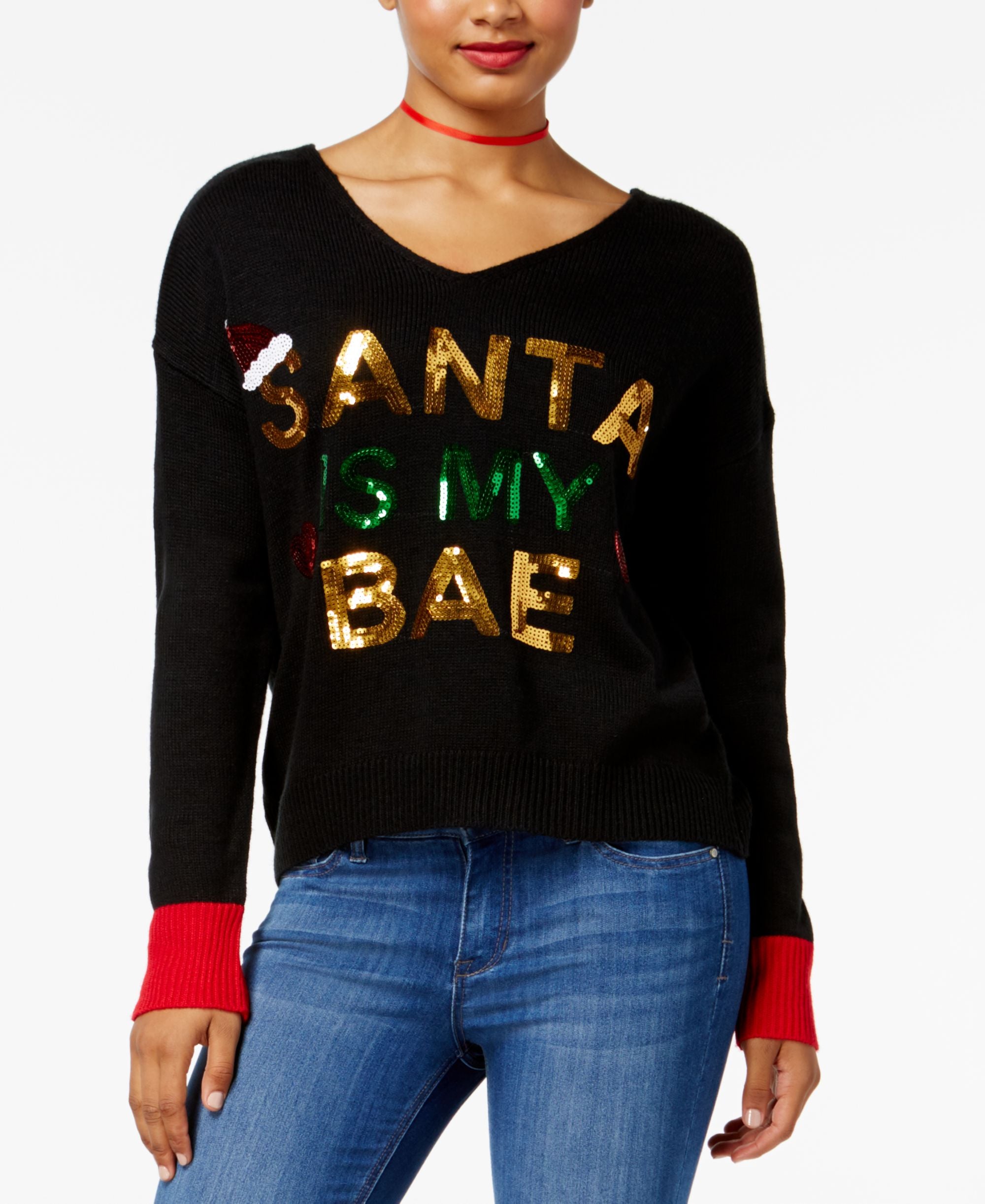 Hooked Up By Iot Juniors Santa Bae Graphic Sweater