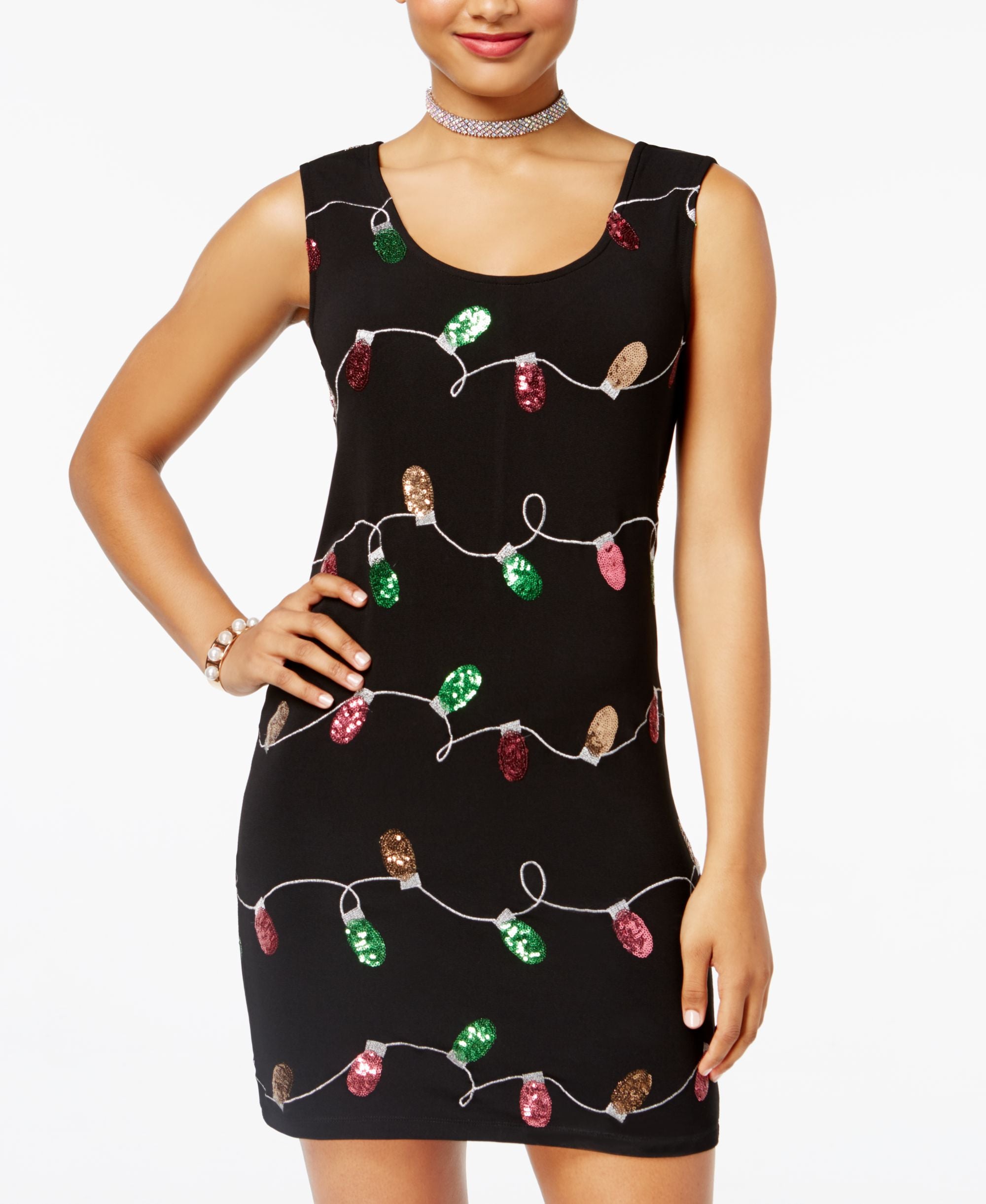 Planet Gold Juniors Holiday Lights Printed Bodycon Dress