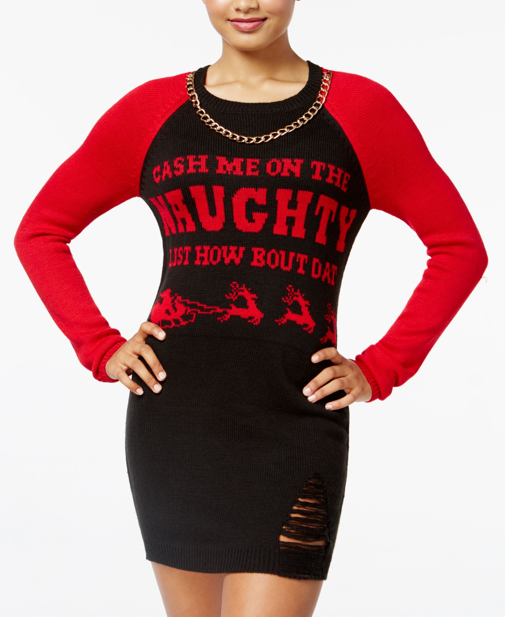 Ultra Flirt By Ikeddi Juniors Distressed Holiday Sweater Dress