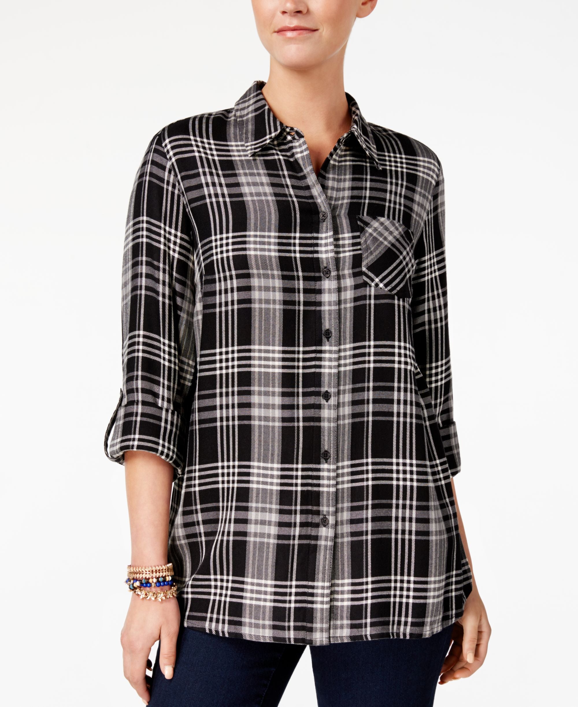 Style & Co Tab Sleeve Plaid Top