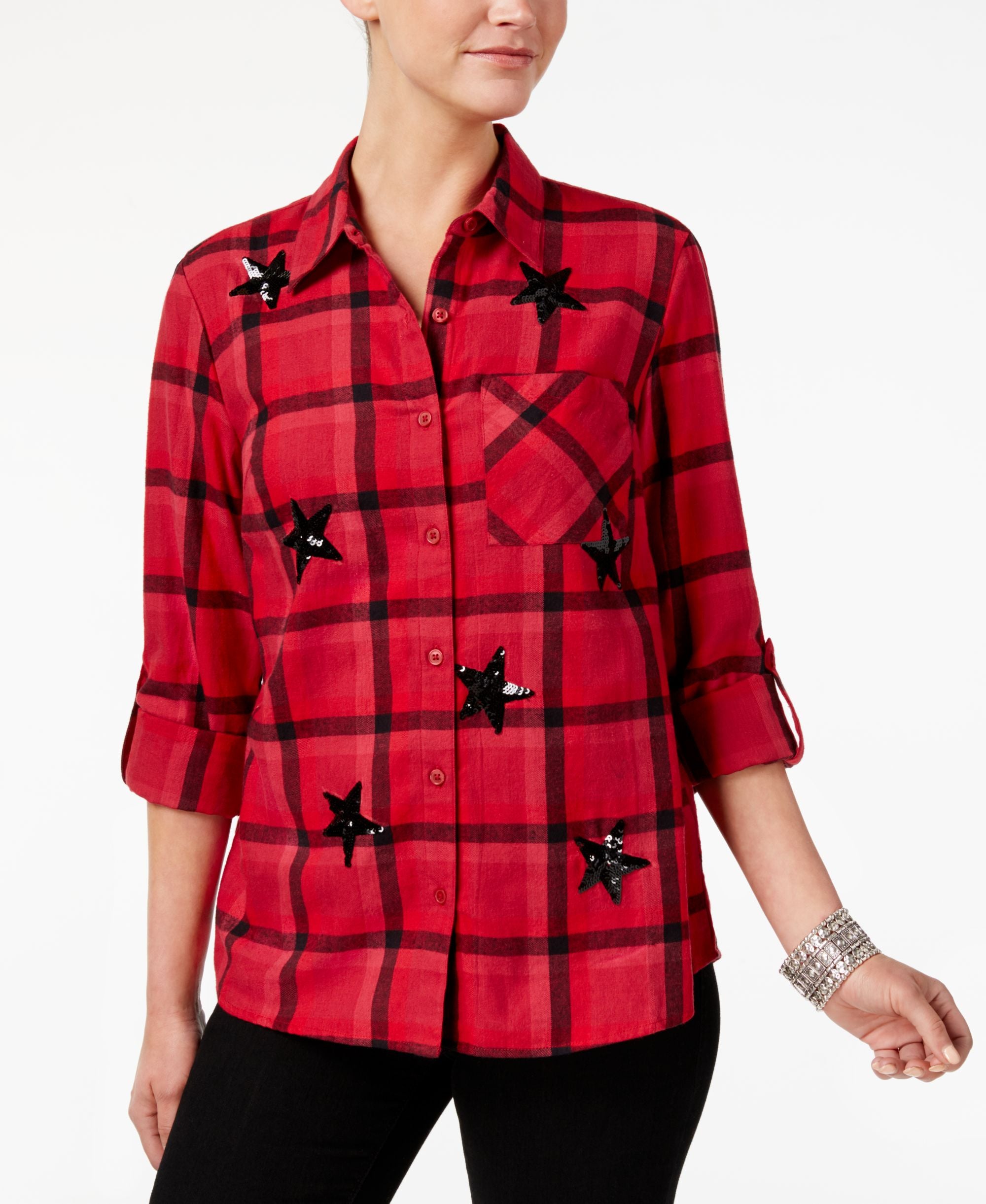 Style & Co Sequin Embellished Plaid Cotton Shirt