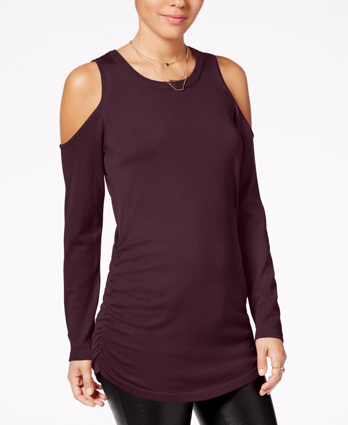 Juniors' Ruched Cold-Shoulder Sweater