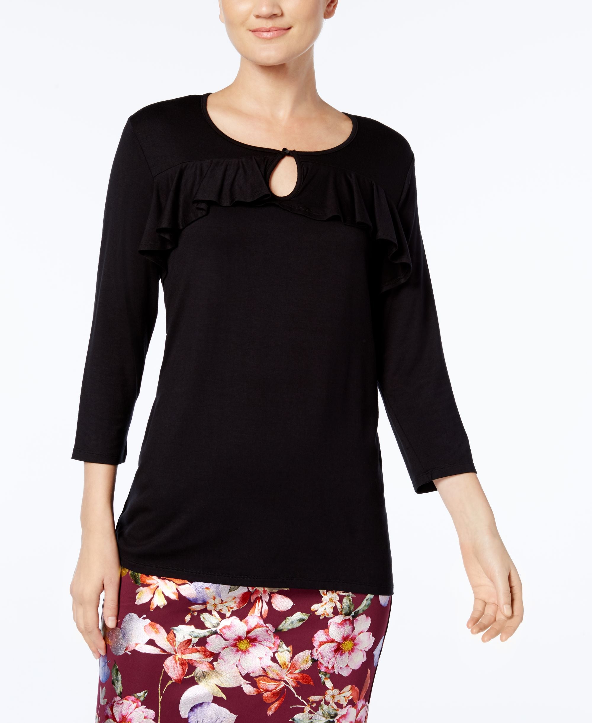 NY Collection Ruffled Keyhole Top