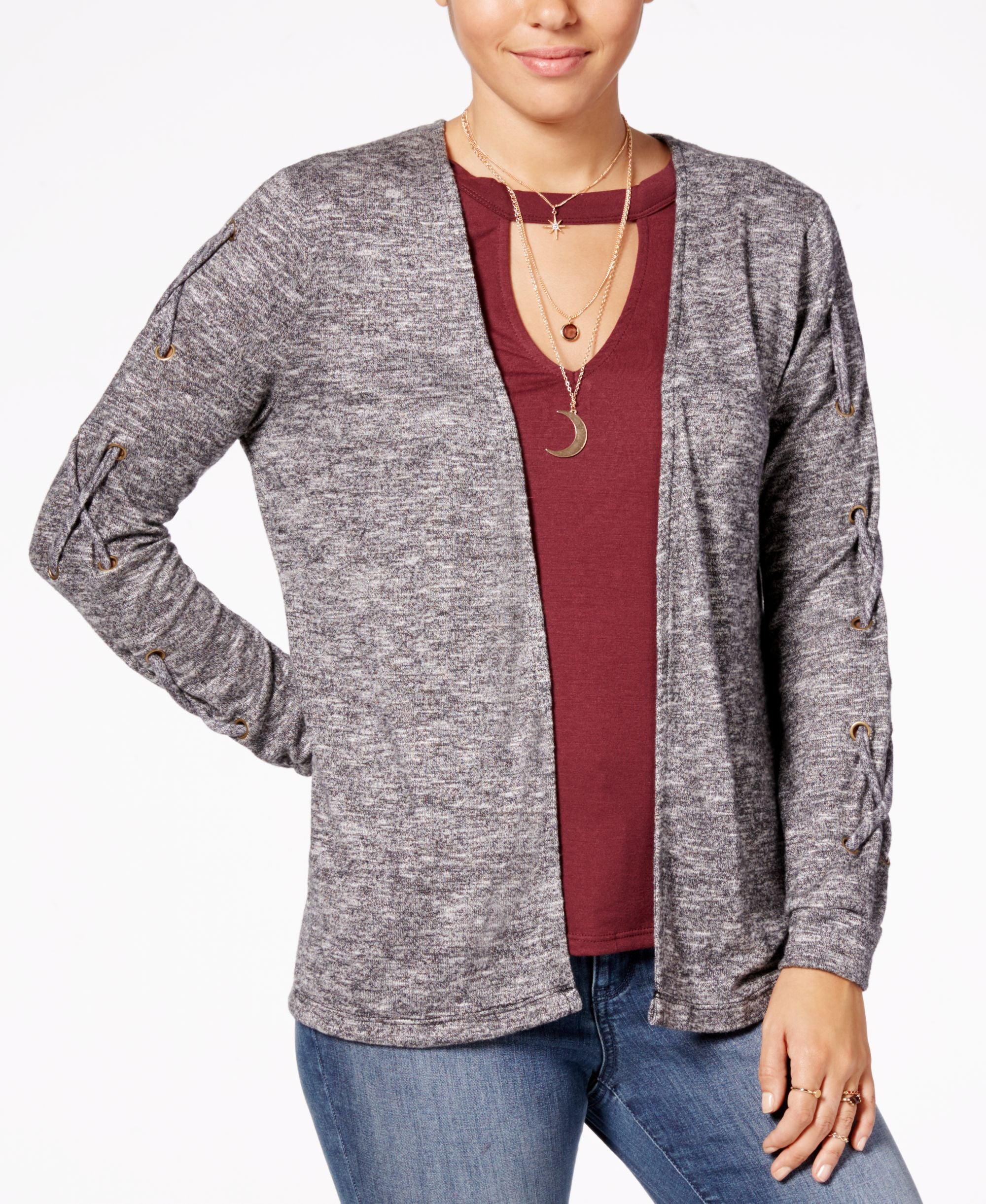 Belle Du Jour Juniors Lace Up Cardigan Graphic T-Shirt Set With Necklace