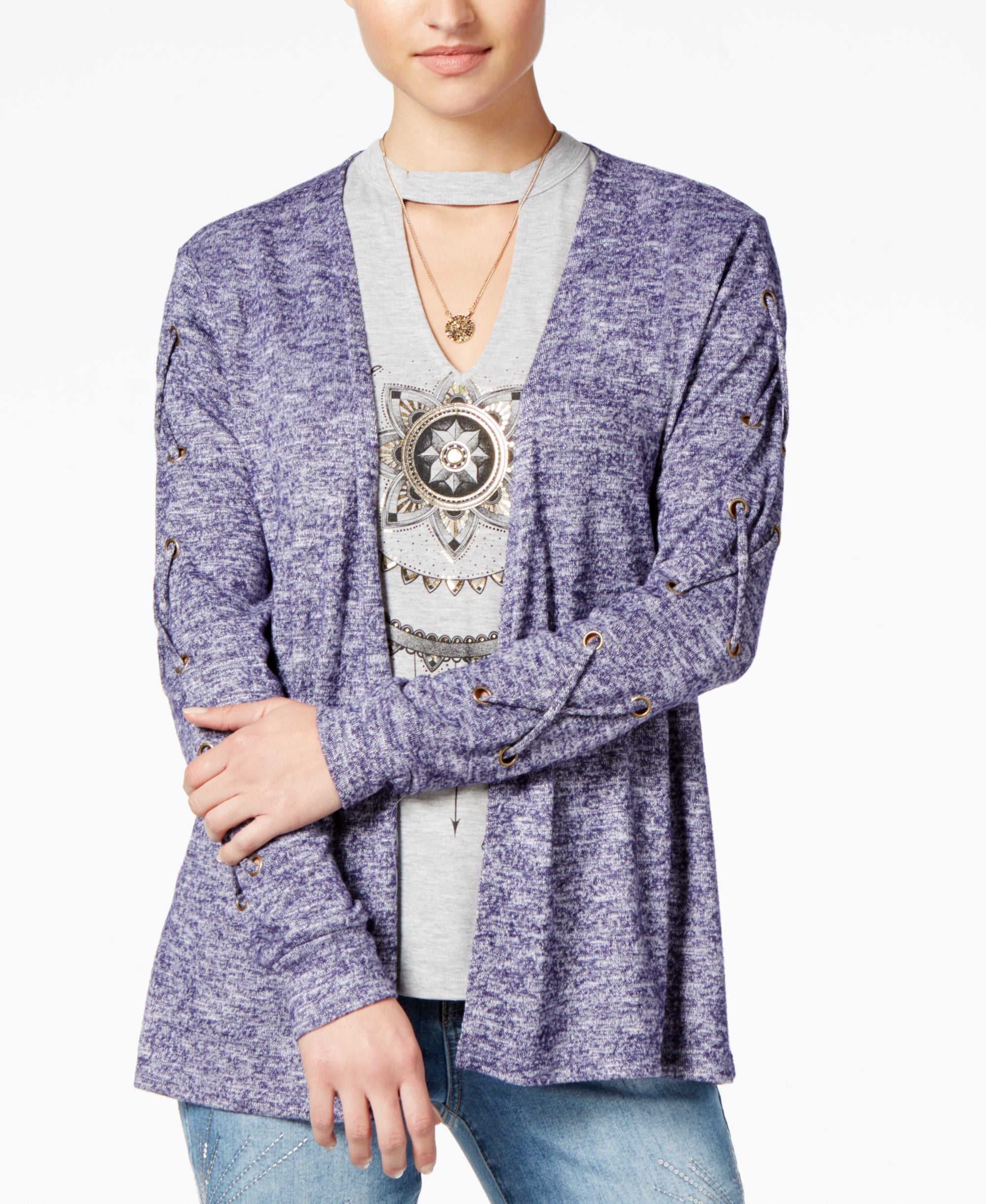 Belle Du Jour Juniors Lace Up Cardigan Graphic T-Shirt Set With Necklace
